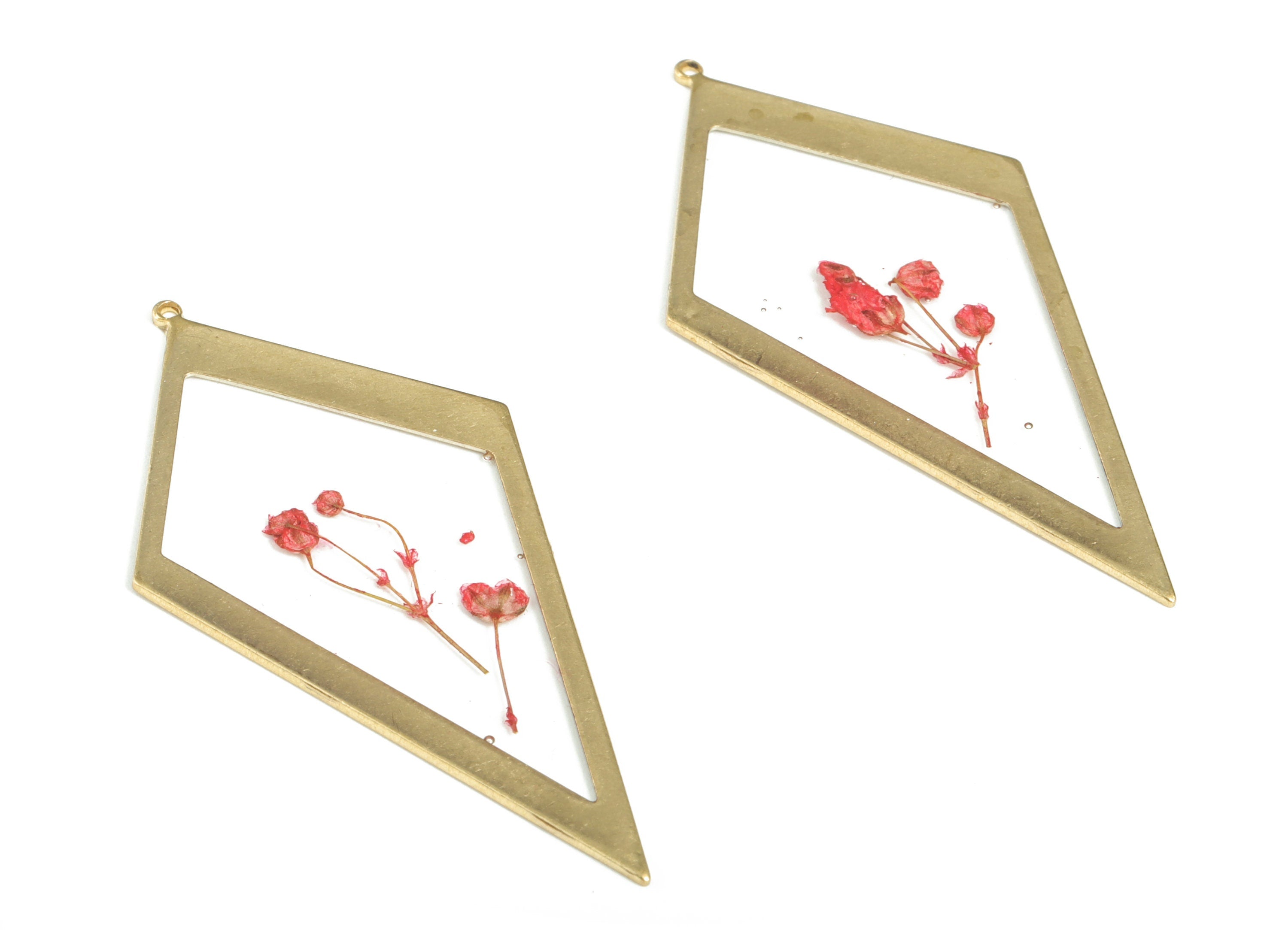 Resin Diamond Earring Charms - Resin Real Flower Pendant - Raw Brass Charms - DIY Jewelry Making Supplies - 51.56x25.92x1.35mm - RC1155 - DOMEDBAZAAR