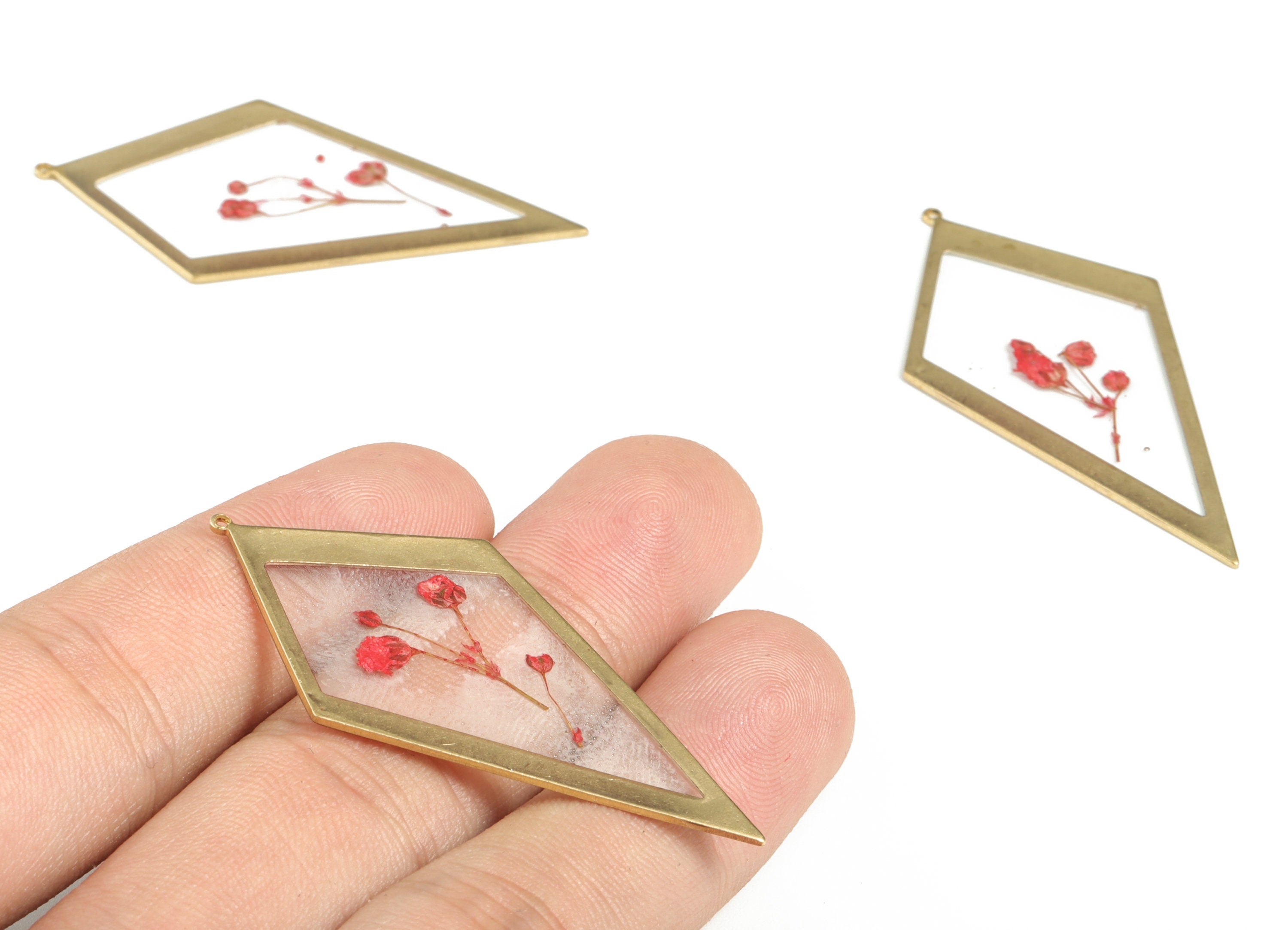 Resin Diamond Earring Charms - Resin Real Flower Pendant - Raw Brass Charms - DIY Jewelry Making Supplies - 51.56x25.92x1.35mm - RC1155 - DOMEDBAZAAR