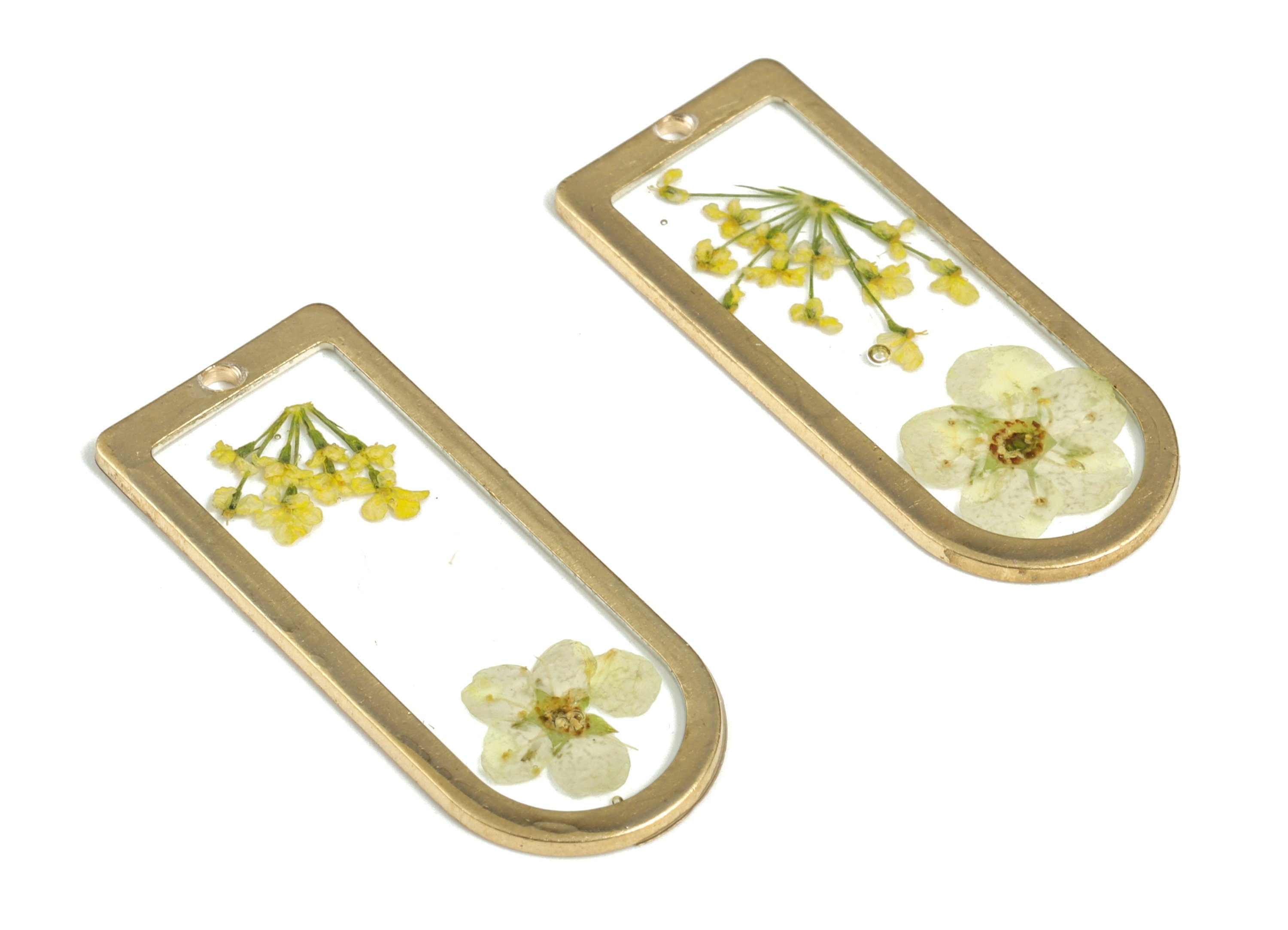 Resin D Earring Charms - Resin Real Flower Pendant - Raw Brass Charm - Jewelry Making Supplies - 30.09x12.76x1.4mm - RC1166 - DOMEDBAZAAR