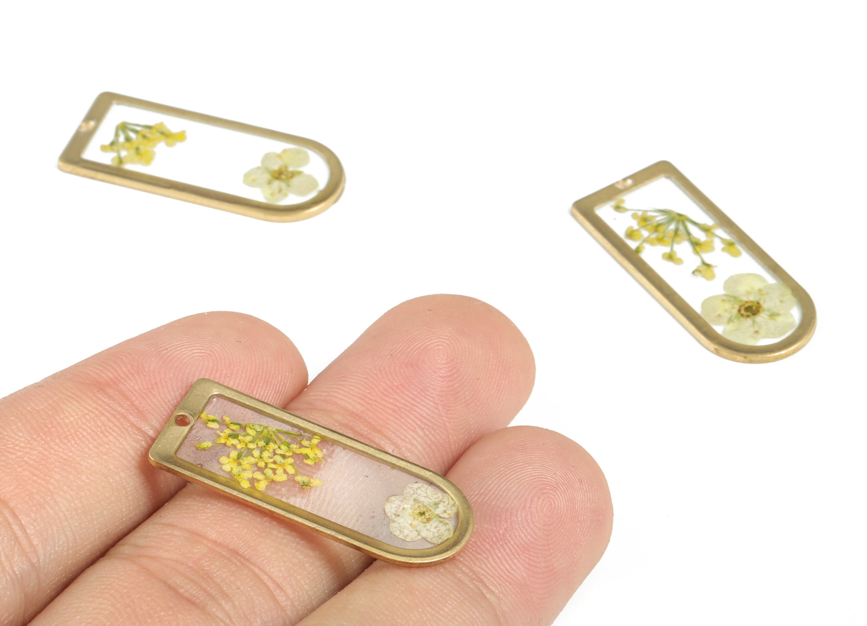 Resin D Earring Charms - Resin Real Flower Pendant - Raw Brass Charm - Jewelry Making Supplies - 30.09x12.76x1.4mm - RC1166 - DOMEDBAZAAR
