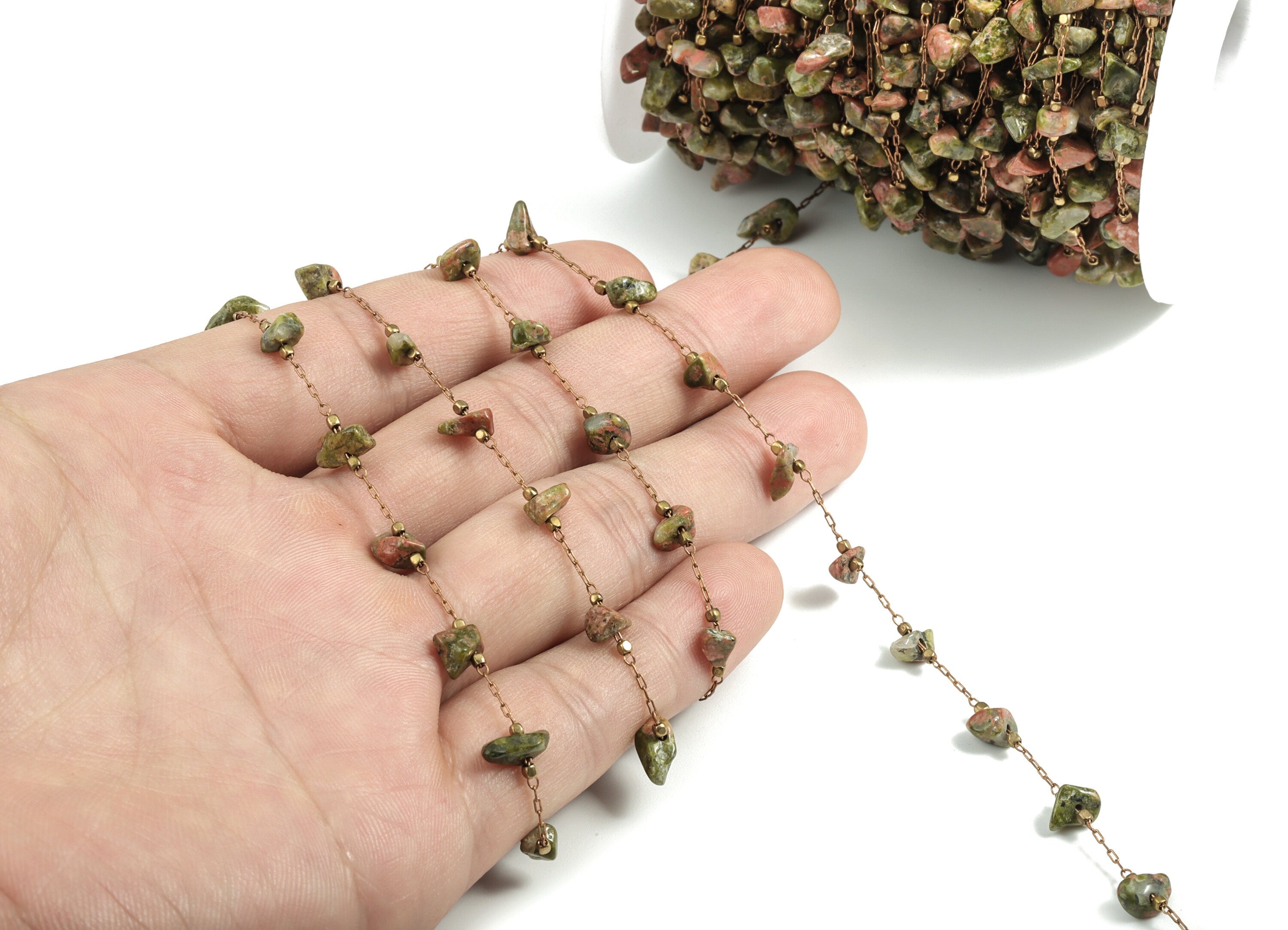 Brass Natural Stone Beaded Chain – Natural Green Pink Stones – Satellite Chain for Necklace, Bracelet Chain - 2.02x0.86x0.2mm – CC1175-2 - DOMEDBAZAAR