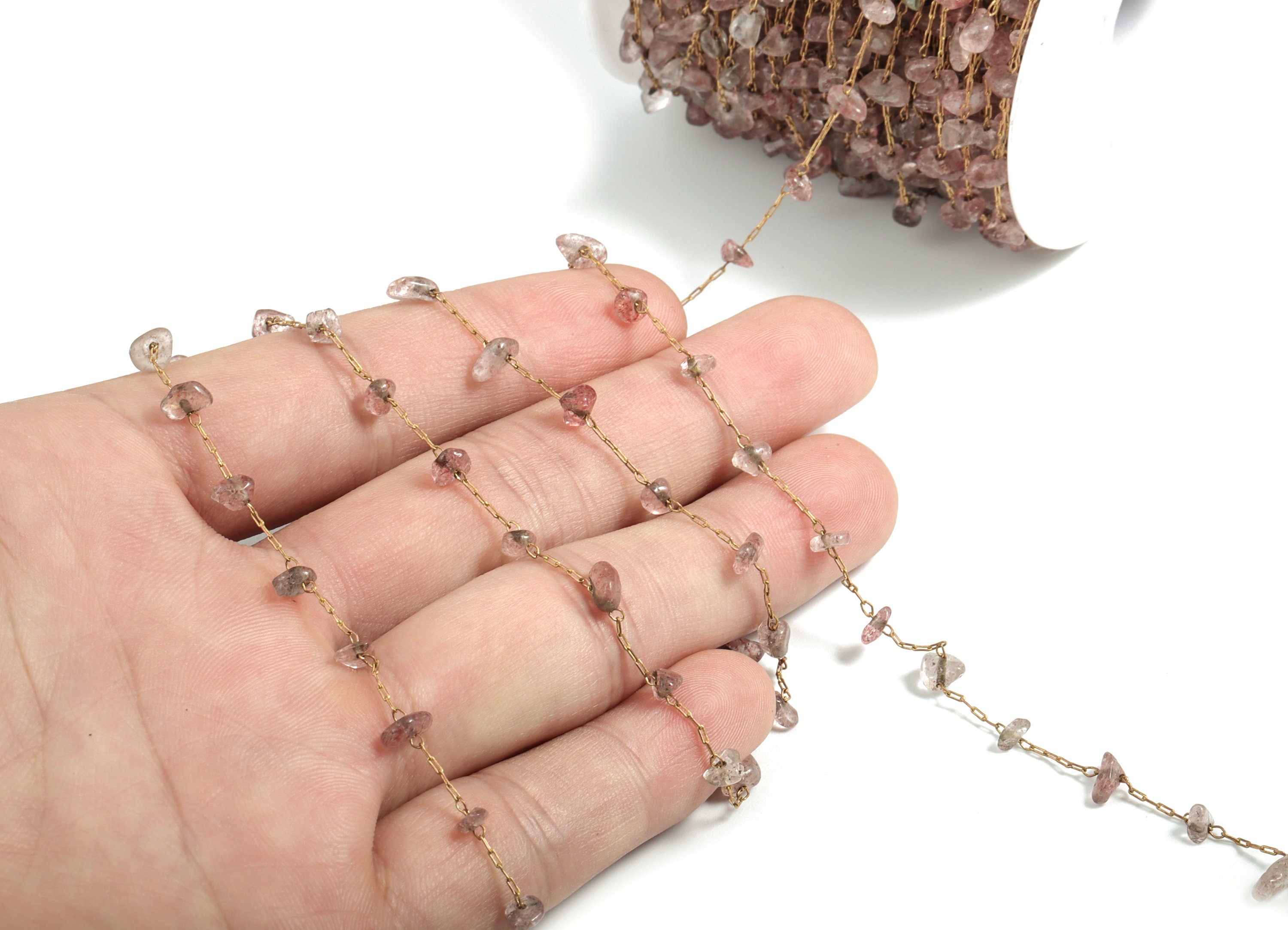 Brass Clear Pink Stone Chain – Natural Stone Beaded Chain for Necklace, Bracelet – Jewelry Making Chains – 2.02x0.75x0.25mm – CC1175-3 - DOMEDBAZAAR