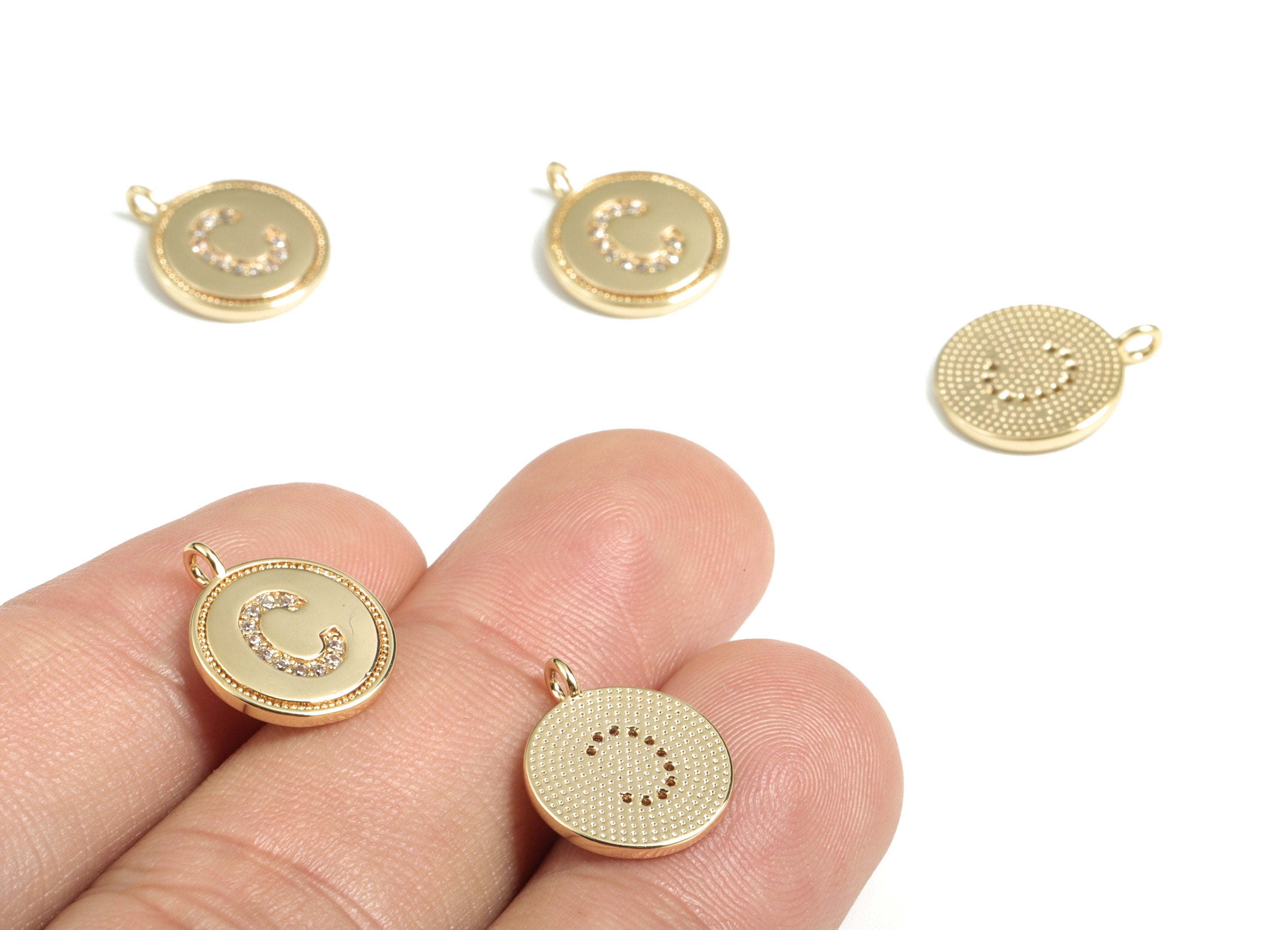 Brass Round Letter C Charm – Initial C Gold Round Pendant – 18k Real Gold Plated Brass Earring Charms – 14.72x11.88x1.39mm - RGP2853C - DOMEDBAZAAR