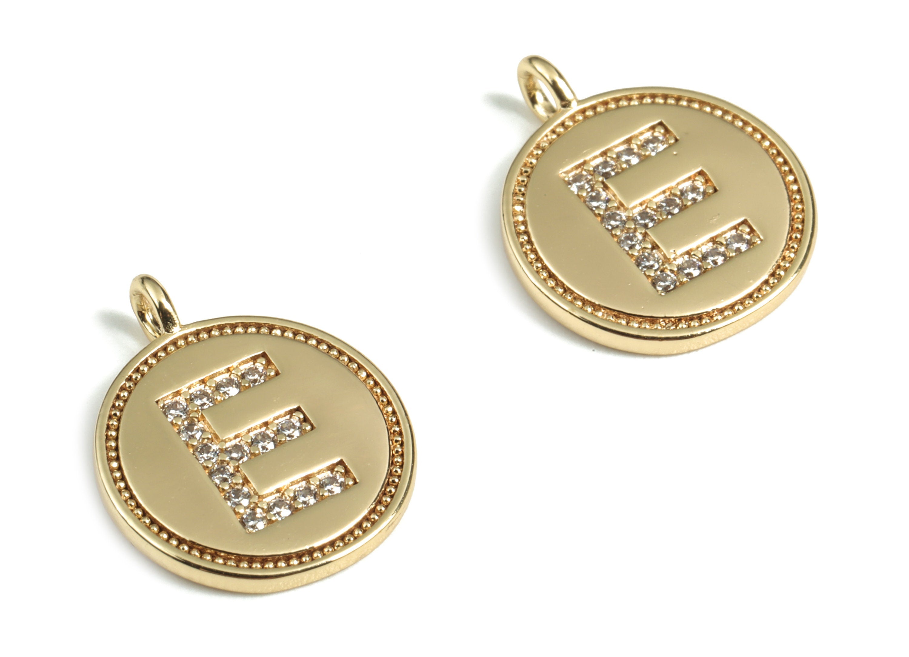 Brass Round Letter E Charm – Initial E Gold Round Pendant – 18k Real Gold Plated Brass Earring Charms – 14.72x11.88x1.39mm - RGP2853E - DOMEDBAZAAR