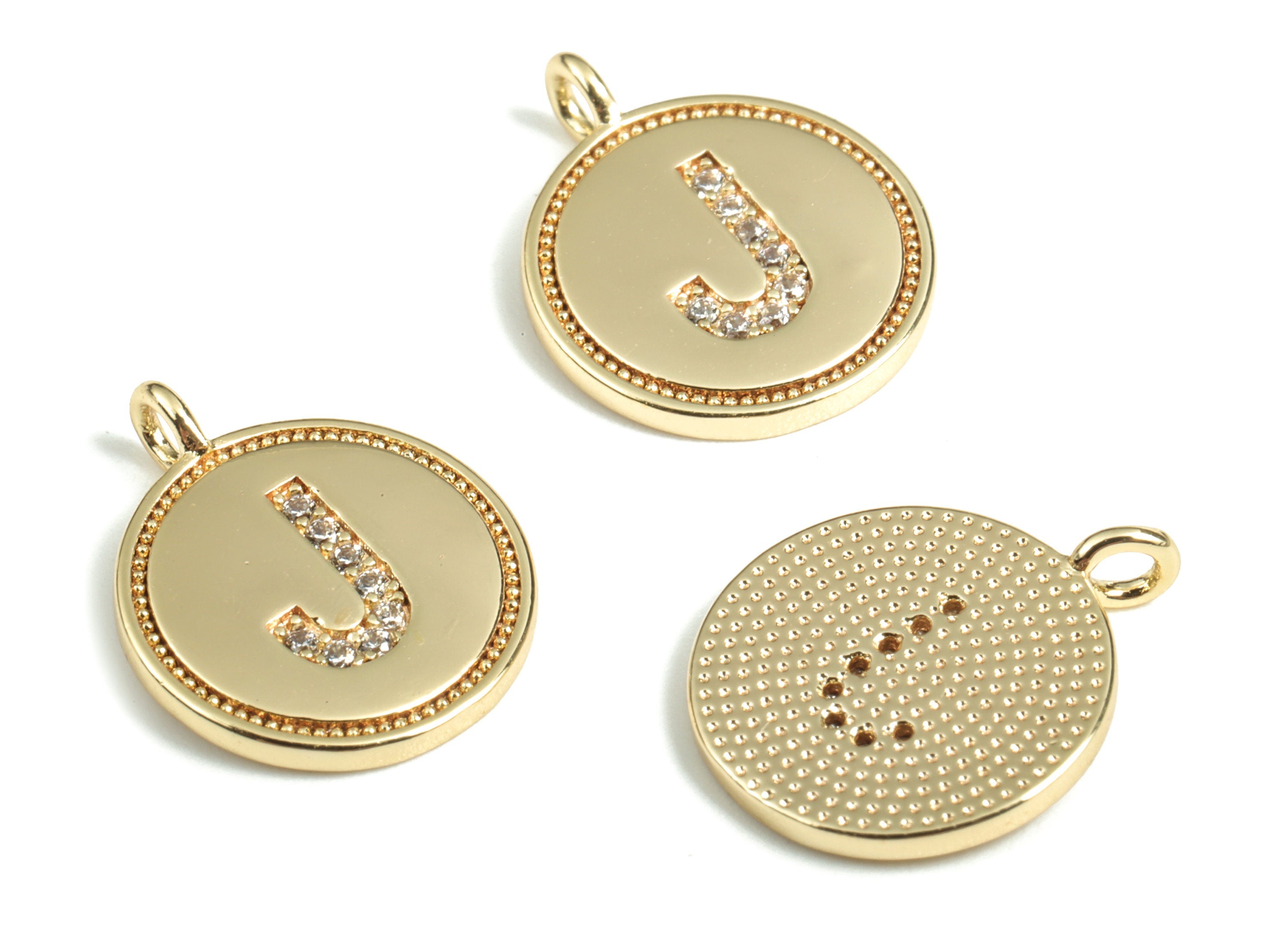 Brass Round Letter J Charm – Initial J Gold Round Pendant – 18k Real Gold Plated Brass Earring Charms – 14.72x11.88x1.39mm - RGP2853J - DOMEDBAZAAR