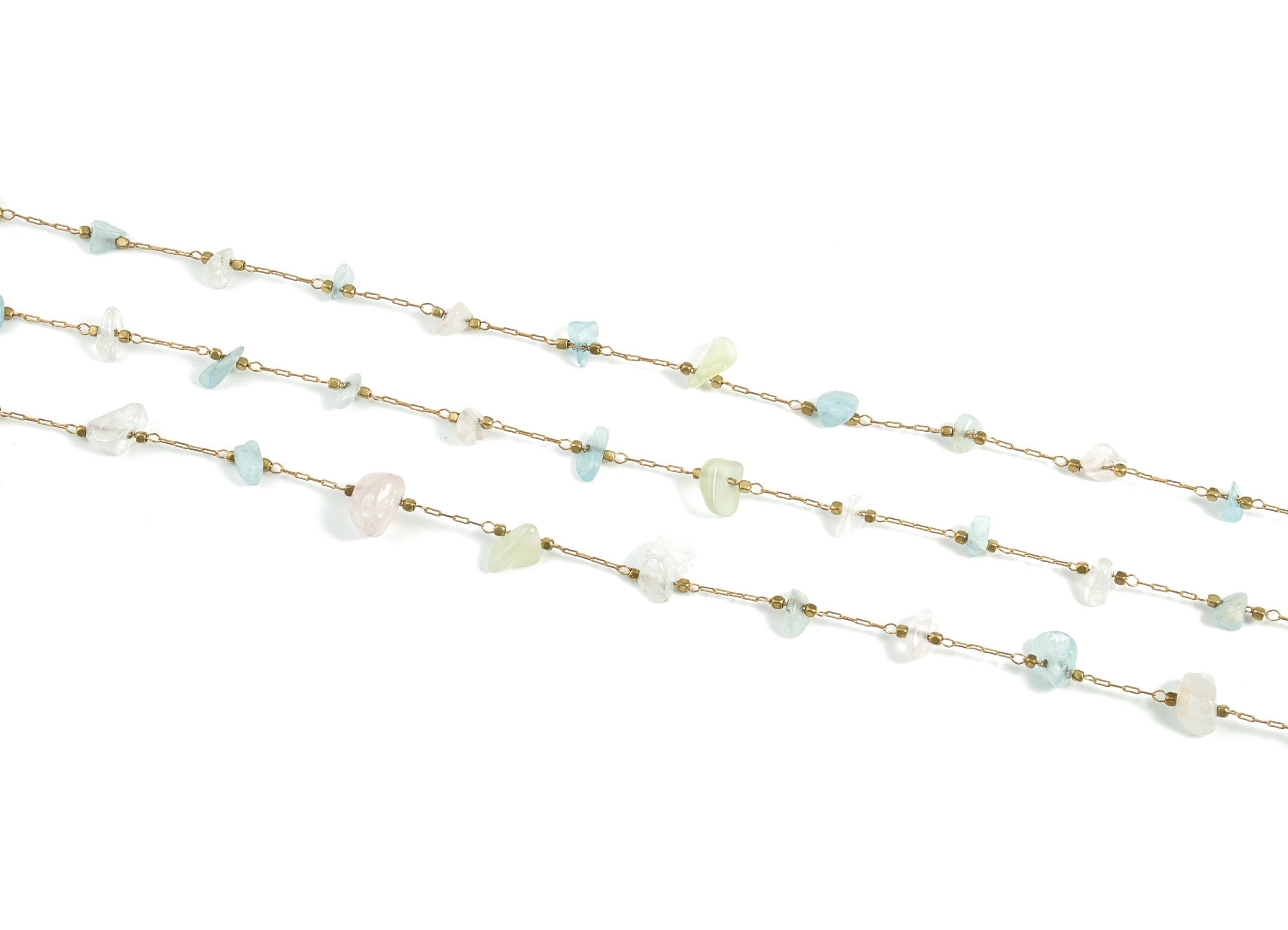 Brass Natural Stone Pearl Beaded Chain – Raw Brass Green Blue Stones – Satellite Chain for Necklace - 2.66x0.76x0.23mm – CC1175-11 - DOMEDBAZAAR
