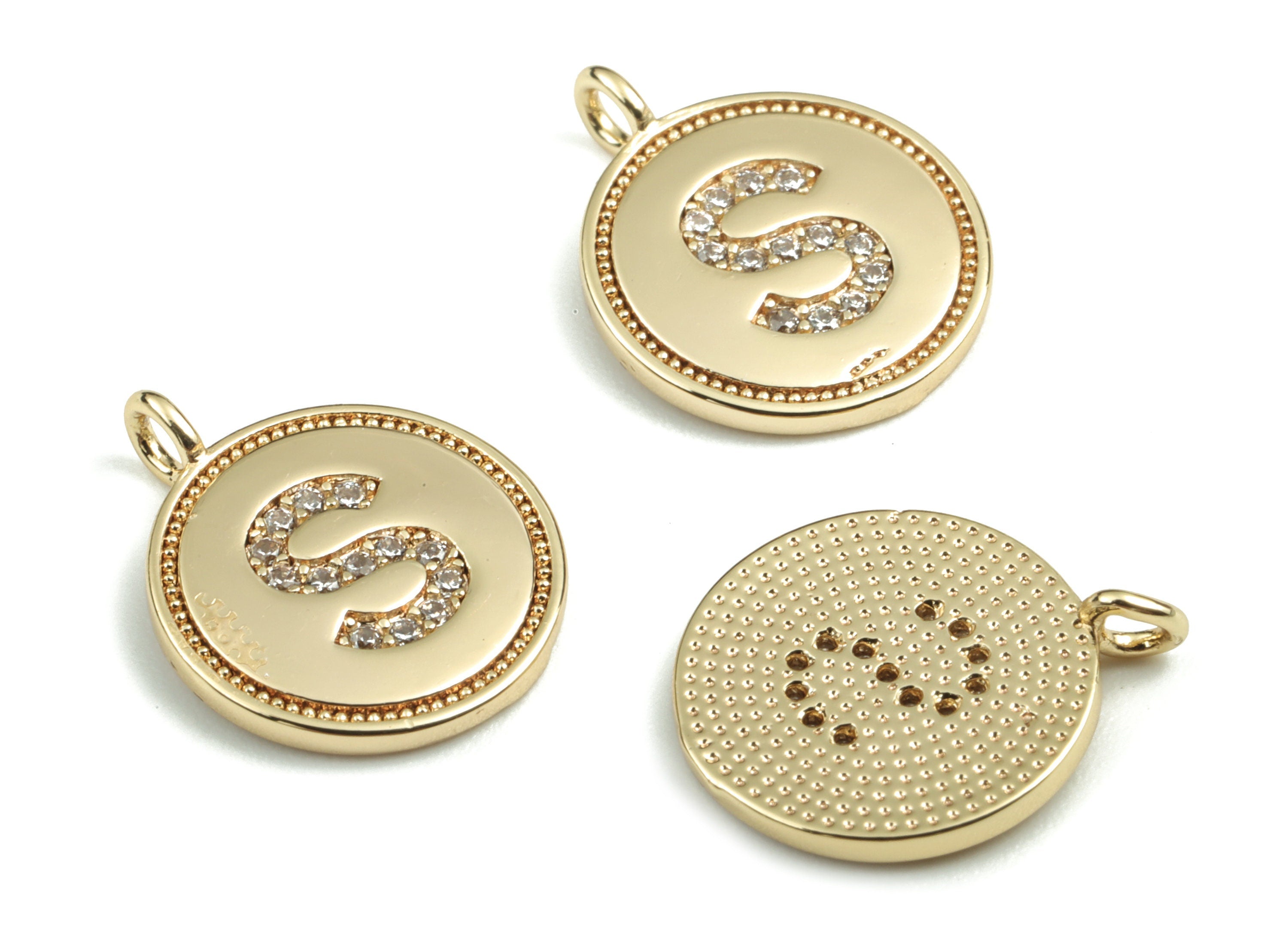 Brass Round Letter S Charm – Initial S Gold Round Pendant – 18k Real Gold Plated Brass Earring Charms – 14.72x11.88x1.39mm - RGP2853S - DOMEDBAZAAR