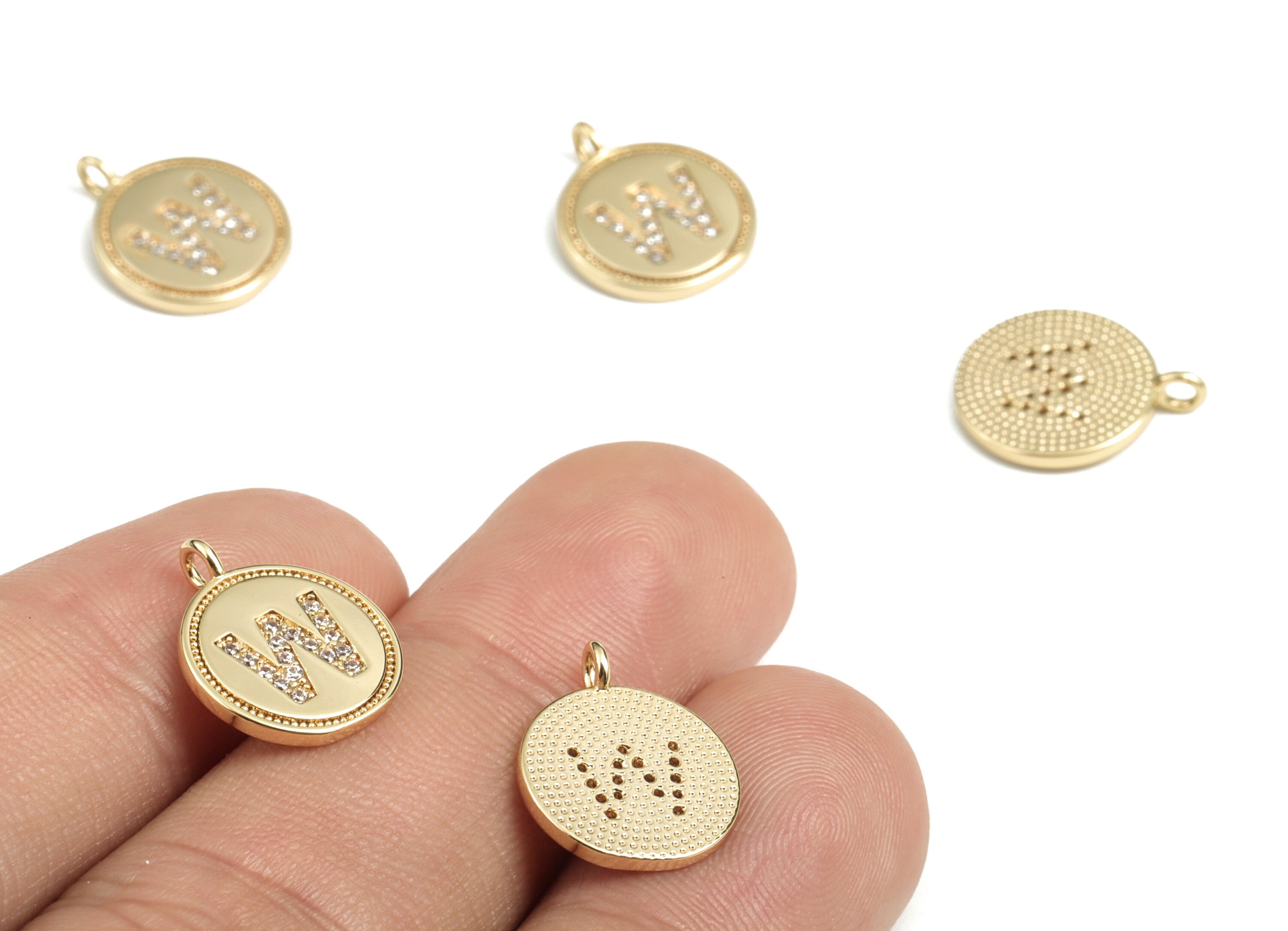 Brass Round Letter W Charm – Initial W Gold Round Pendant – 18k Real Gold Plated Brass Earring Charms – 14.72x11.88x1.39mm - RGP2853W - DOMEDBAZAAR