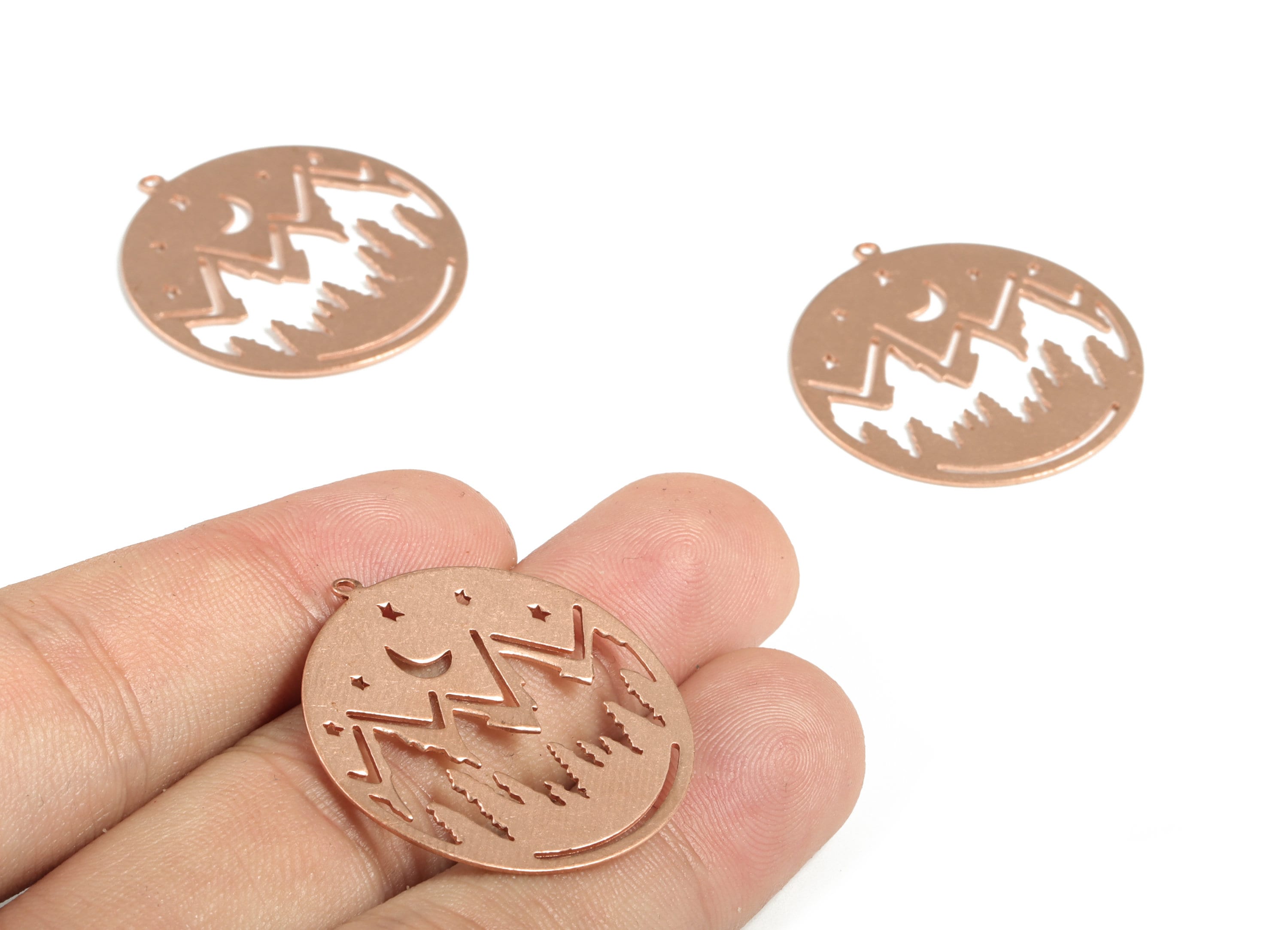 Raw Copper Mountain Moon Stars Earring Charm - Mountain Crescent Pendant  - Landscape Circle Charms - 32.25x30.01x0.69mm - PP3846 - DOMEDBAZAAR