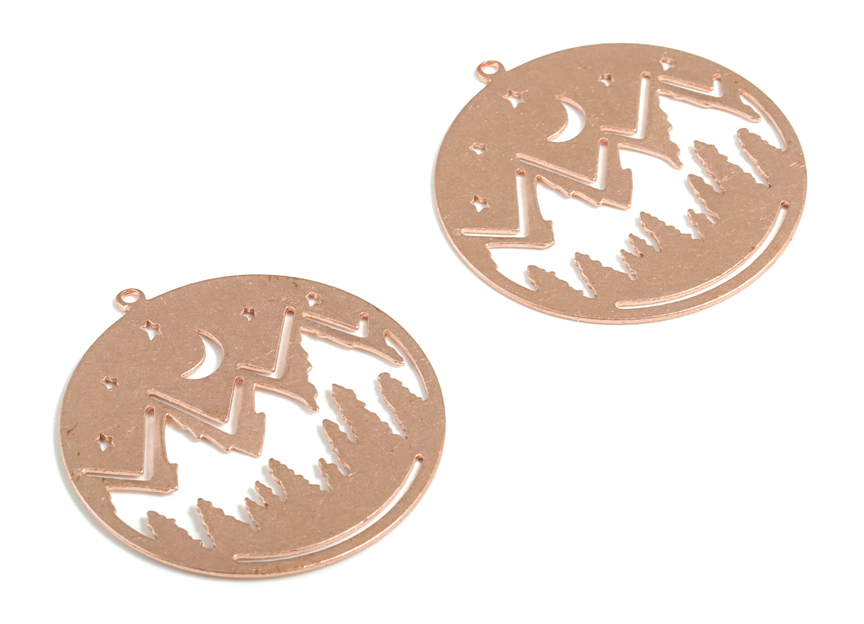 Raw Copper Mountain Moon Stars Earring Charm - Mountain Crescent Pendant  - Landscape Circle Charms - 32.25x30.01x0.69mm - PP3846 - DOMEDBAZAAR