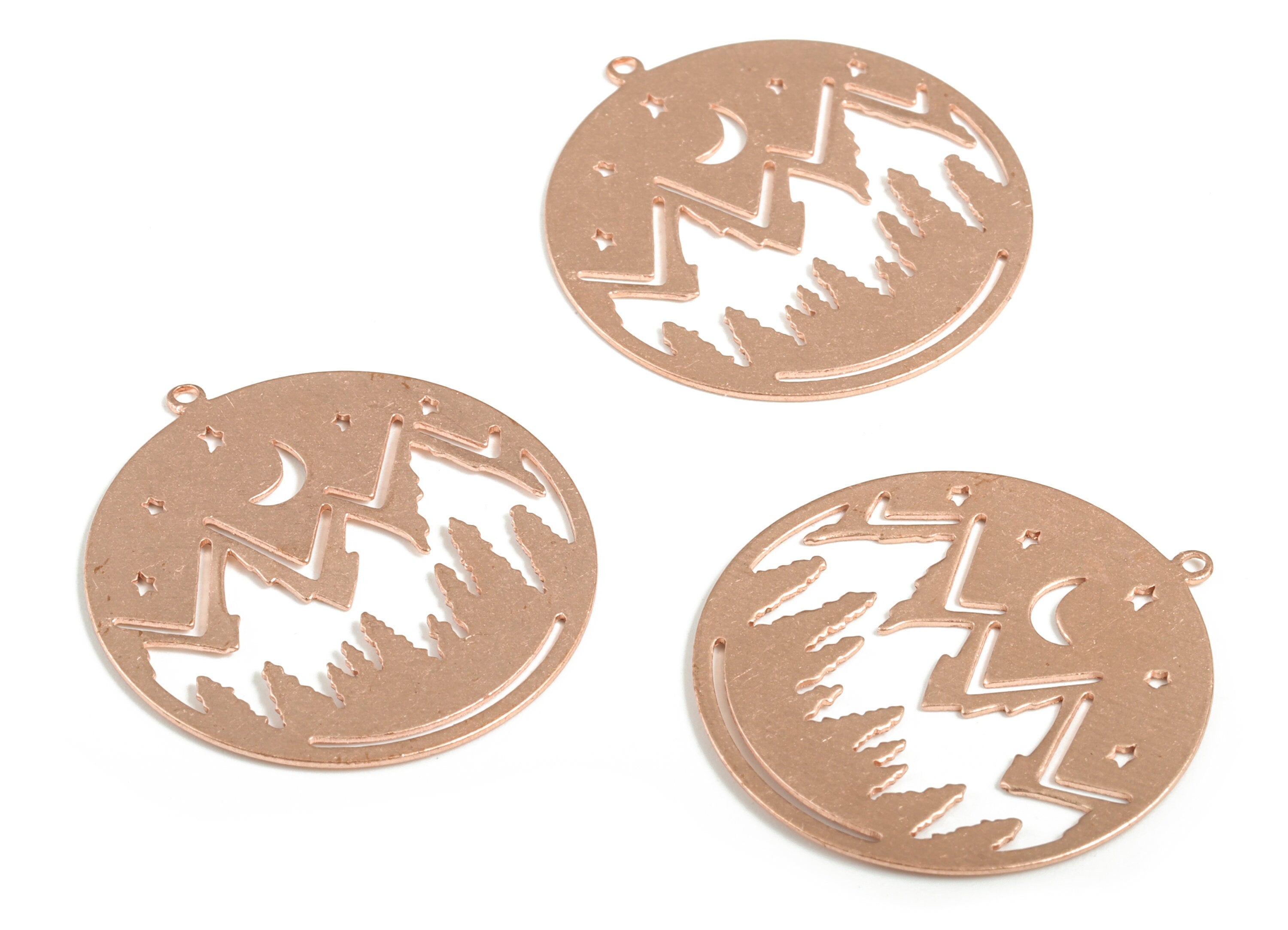 Raw Copper Mountain Moon Stars Earring Charm - Mountain Crescent Pendant  - Landscape Circle Charms - 32.25x30.01x0.69mm - PP3846 - DOMEDBAZAAR