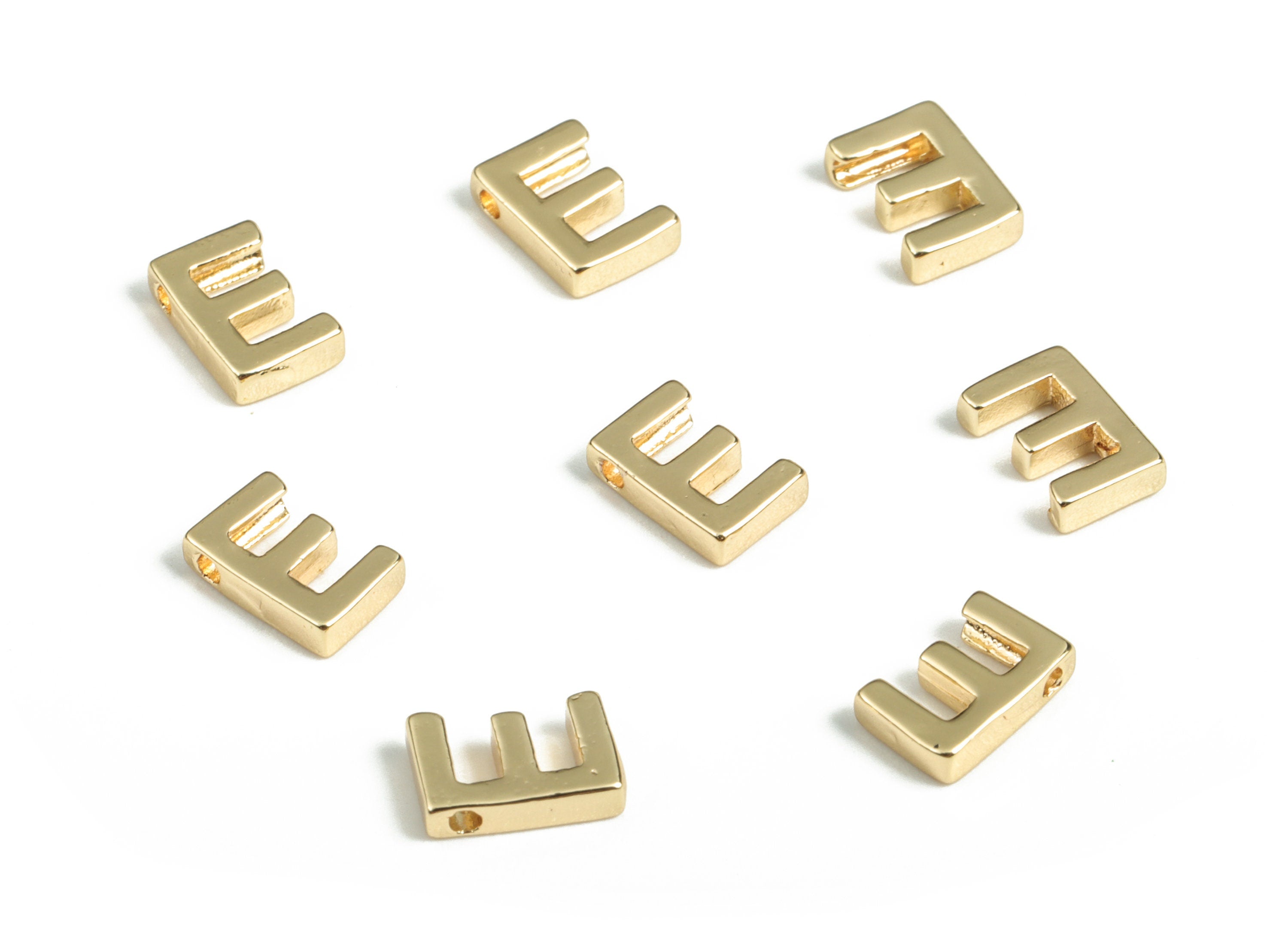 Brass Capital Letter E Charm – Necklace Initial Beads – Add On Initial Charm –18k Real Gold Plated Alphabet Bead – 7.52x5.05x1.89mm–RGP2854E - DOMEDBAZAAR