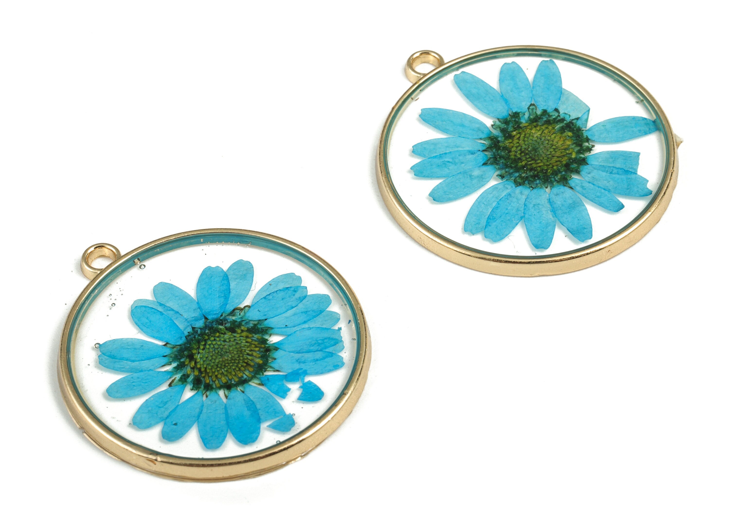 Resin Round Earring Charms - Resin Real Flower Pendant - Gold Tone Plated Alloy - Jewelry Making Supplies - 32.83x29.27x2.41mm - RC1143A - DOMEDBAZAAR