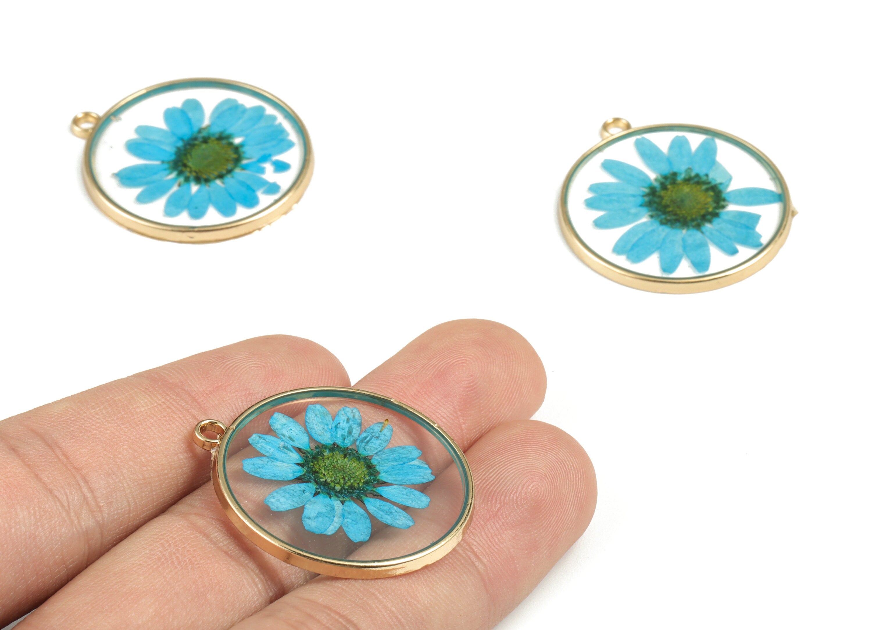 Resin Round Earring Charms - Resin Real Flower Pendant - Gold Tone Plated Alloy - Jewelry Making Supplies - 32.83x29.27x2.41mm - RC1143A - DOMEDBAZAAR