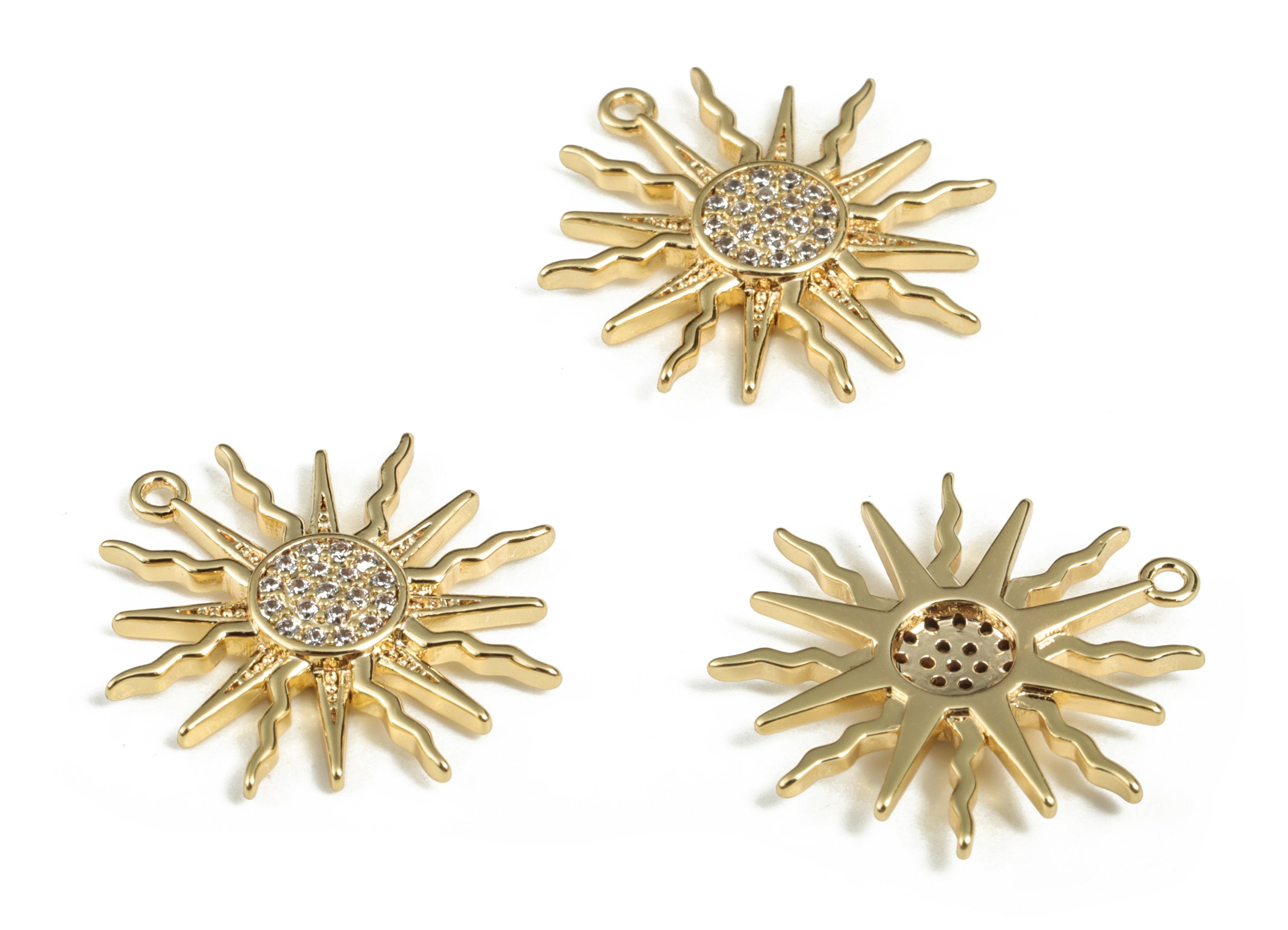 Brass Sun Earring Charms With Zircons - Gold Sun Pendant - 18K Real Gold Plated Brass - Jewelry Supplies - 17.54x16.06x2.16mm - RGP2878 - DOMEDBAZAAR