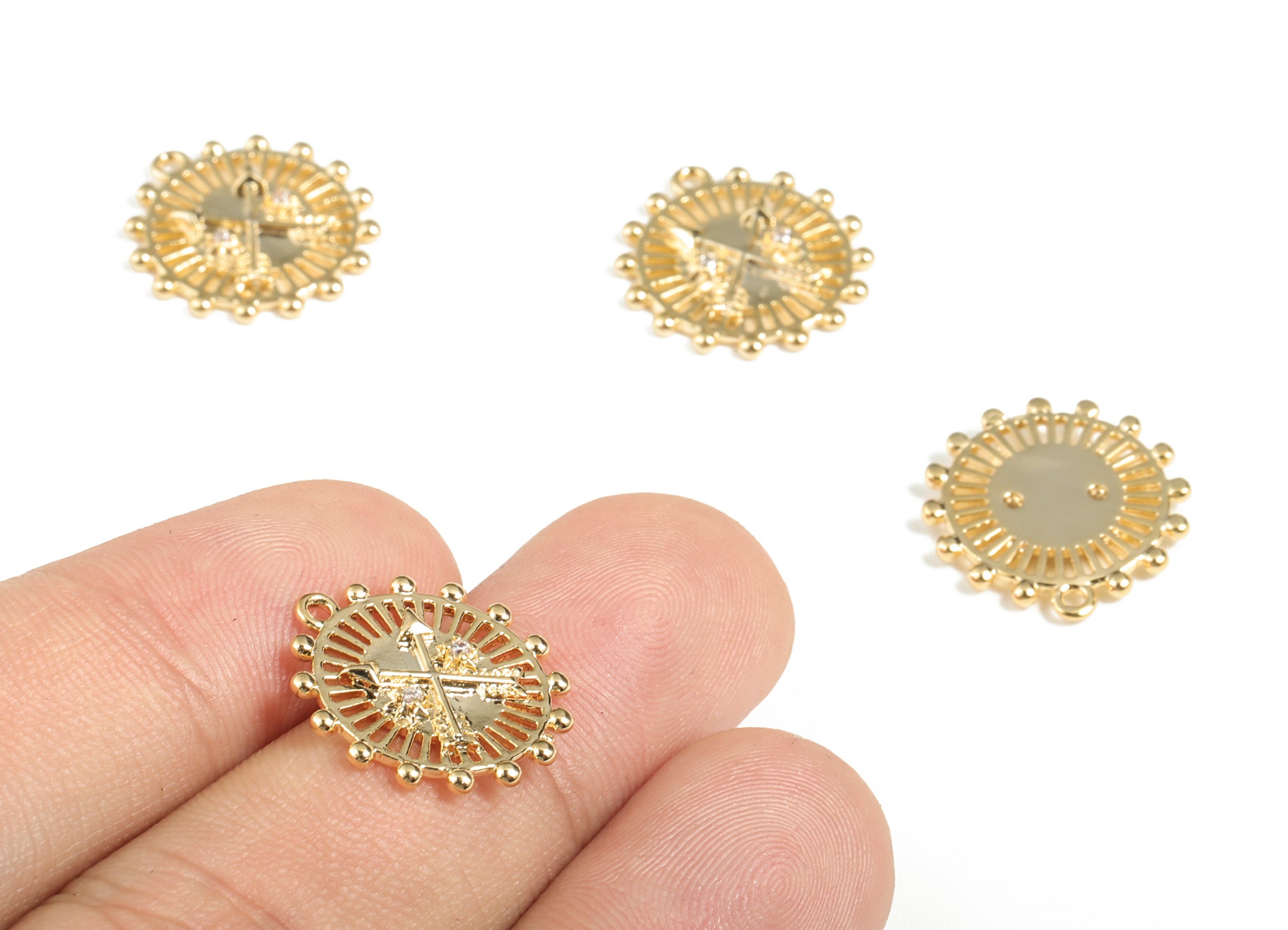 Brass Round Arrow Earring Charms With Zircons - Gold Circle Arrow Pendant - 18K Real Gold Plating - 17.66x16.69x2.05mm - RGP2887 - DOMEDBAZAAR