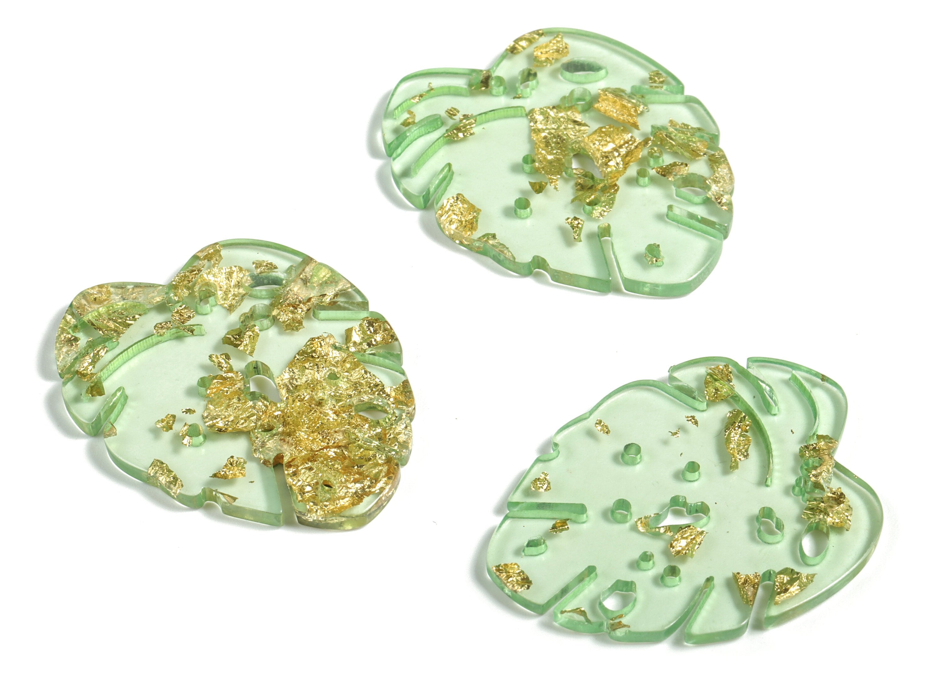 Acrylic Leaf Earring Charms - Monstera Pendant - Gold Foil & Confetti Clear Green - Color Code:A292 - 40.08x31.3x2.64mm - AC2175-A292 - DOMEDBAZAAR