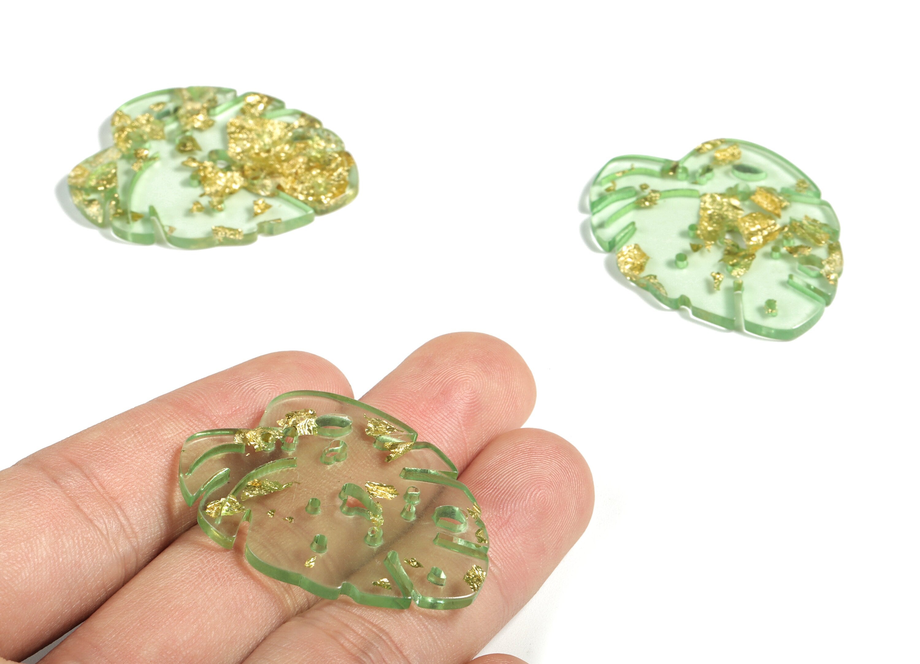 Acrylic Leaf Earring Charms - Monstera Pendant - Gold Foil & Confetti Clear Green - Color Code:A292 - 40.08x31.3x2.64mm - AC2175-A292 - DOMEDBAZAAR