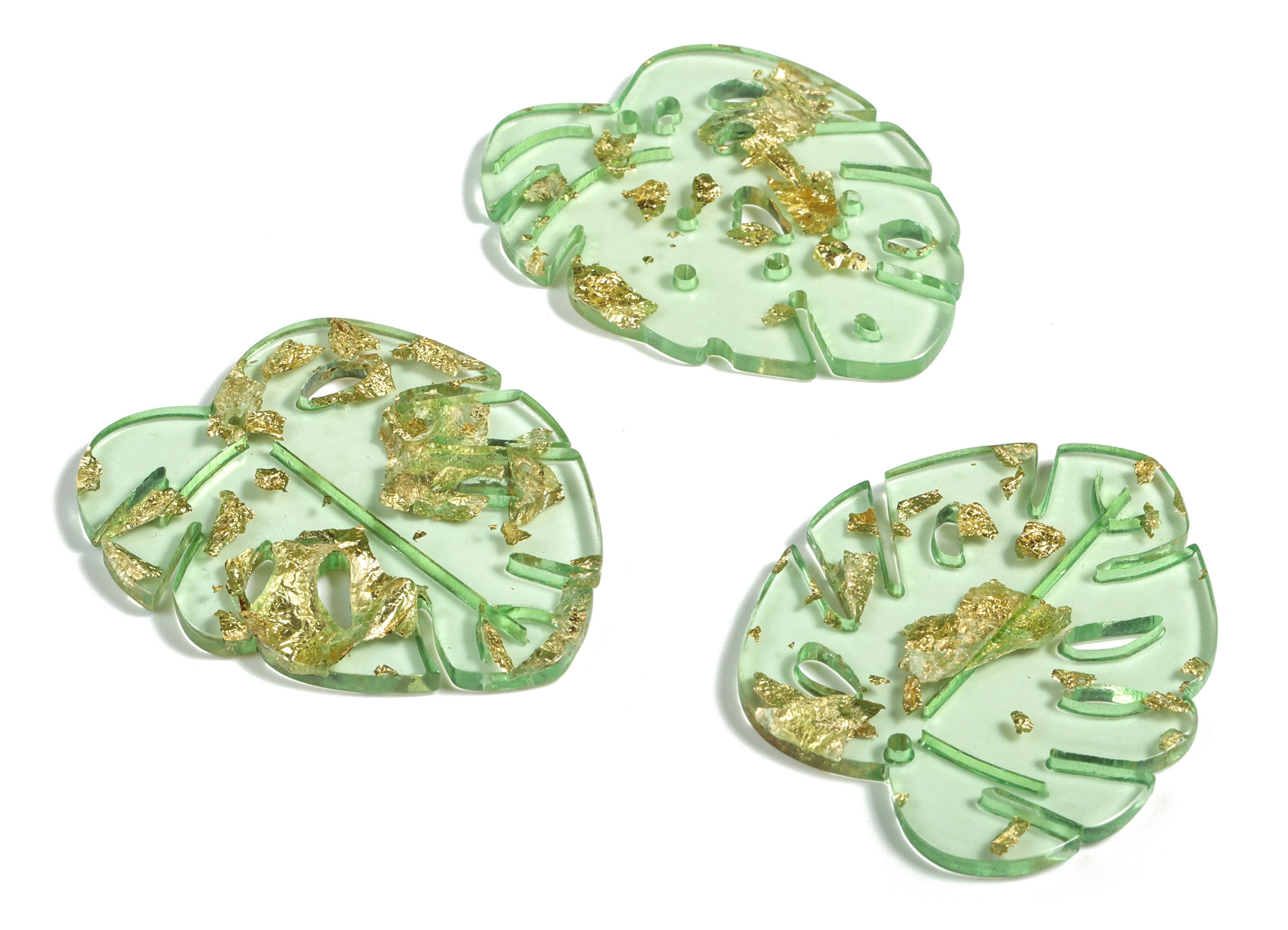 Acrylic Leaf Earring Charms - Monstera Earrings - Gold Foil & Confetti ClearGreen - Color Code:A292 - 40.05x32.48x2.72mm - AC2176-A292 - DOMEDBAZAAR