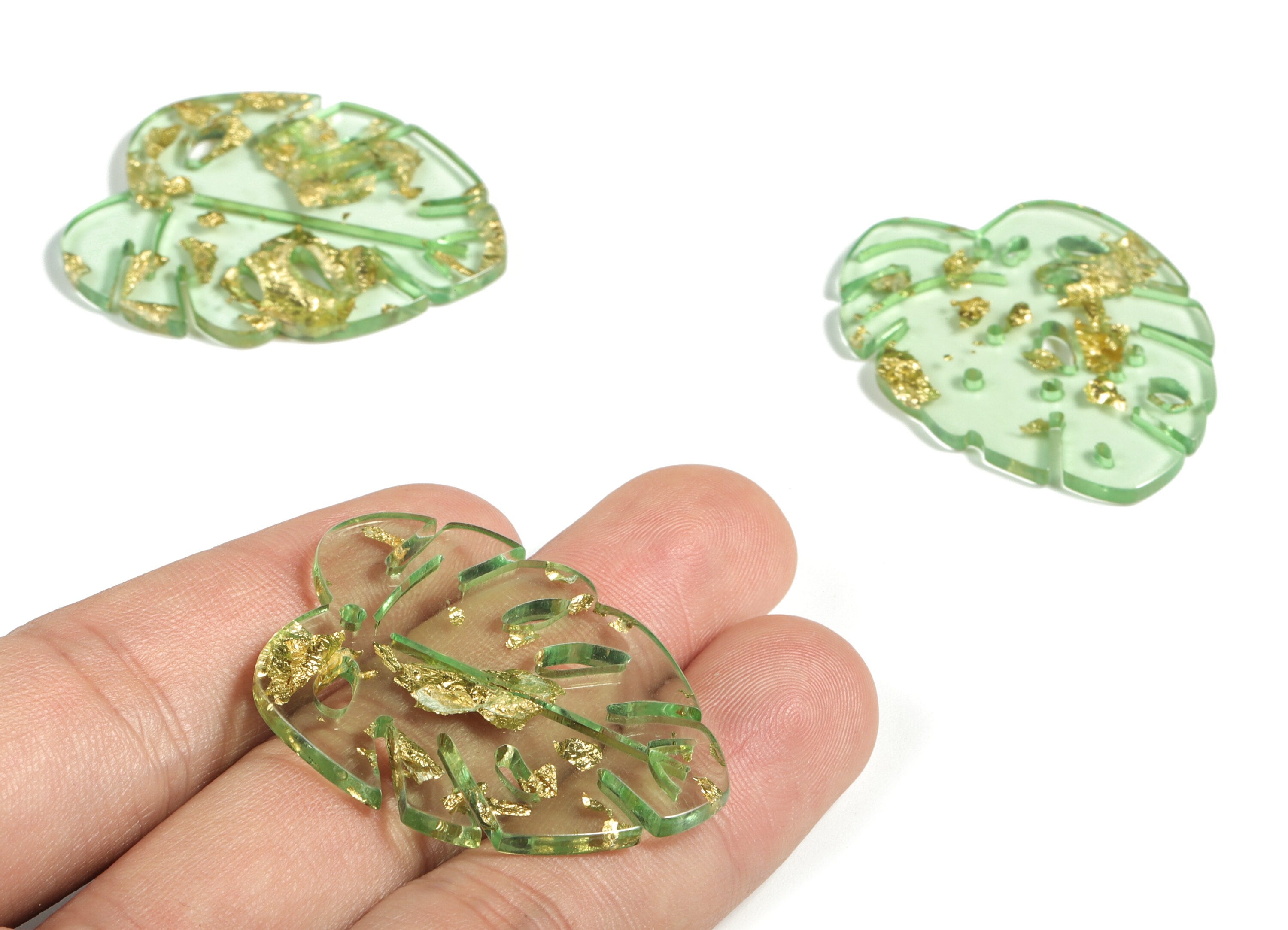 Acrylic Leaf Earring Charms - Monstera Earrings - Gold Foil & Confetti ClearGreen - Color Code:A292 - 40.05x32.48x2.72mm - AC2176-A292 - DOMEDBAZAAR