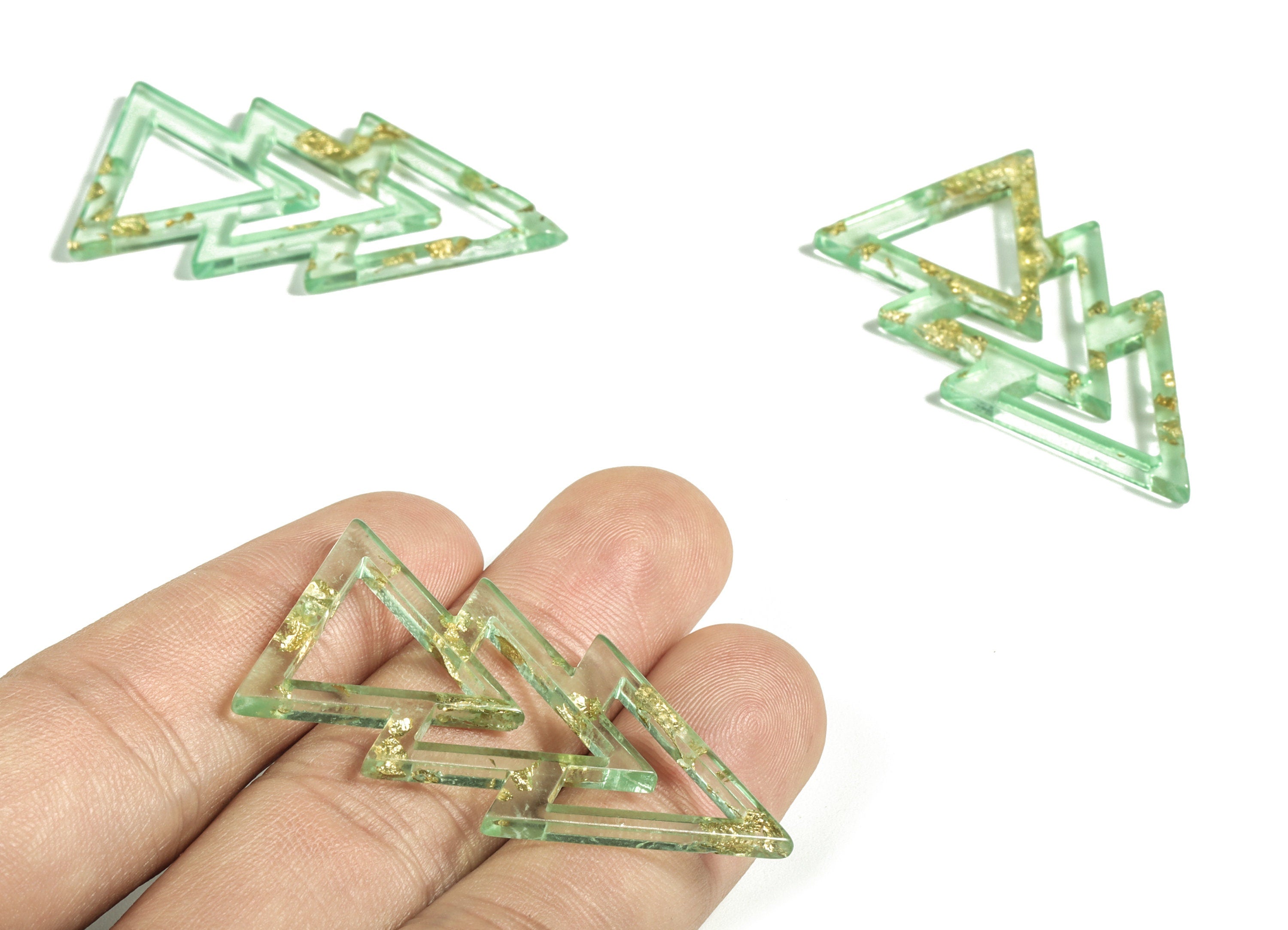 Acrylic Triangles Earring Charms - Triangles Pendant - Gold Foil & Confetti Clear Green - Color Code:A292 - 44.59x23.06x1.36mm - AC2173-A292 - DOMEDBAZAAR