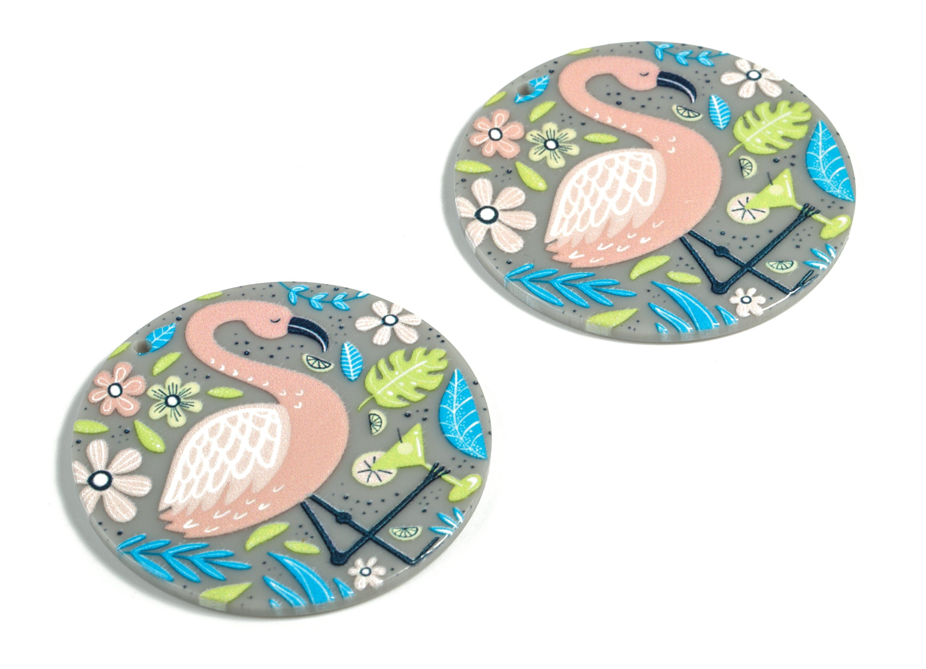 Acrylic Round Flamingo Earring Charms - Acrylic Round Flower Leaf Earrings - Earring Findings - Jewelry Supplies - 39.88x39.7x2.5mm - AC2219 - DOMEDBAZAAR