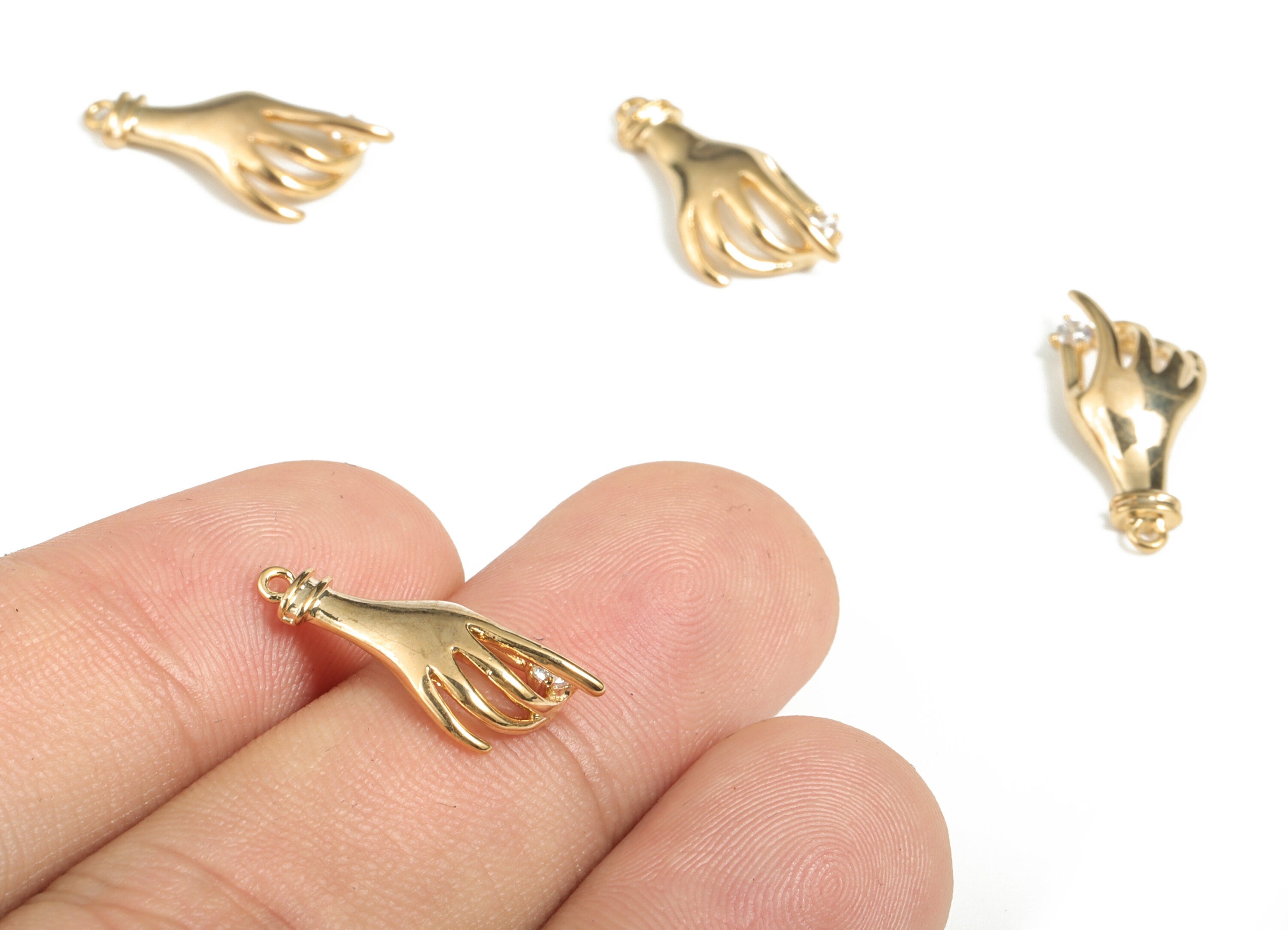 Brass Hand Earring Charms With Zircon - Gold Hand Pendant - 18K Real Gold Plated Brass - Jewelry Supplies - 19.62x8.62x3.05mm - RGP2848 - DOMEDBAZAAR