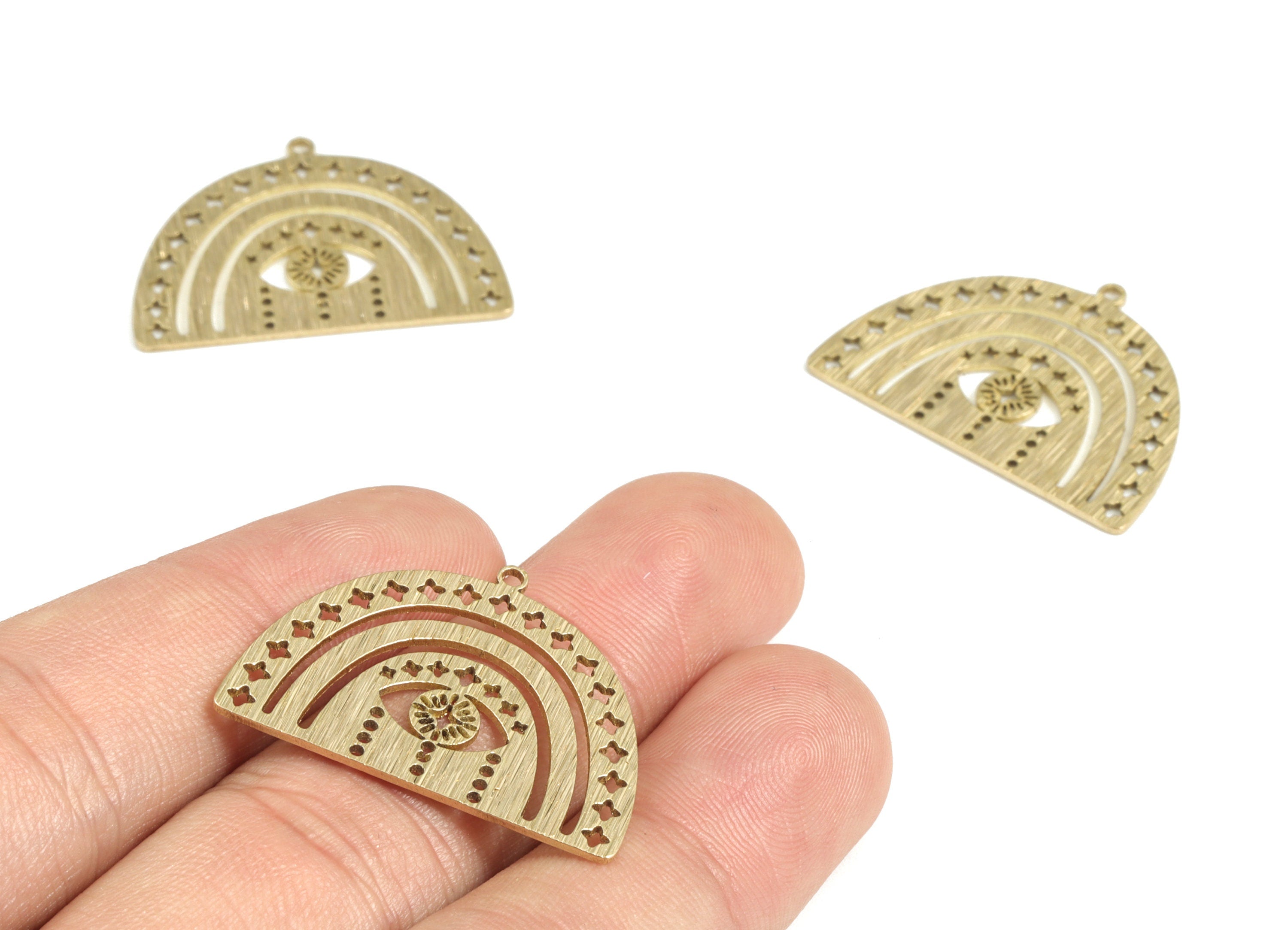 Brass Textured Shield Eye Earring Charms - Raw Brass Rainbow Stars Pendant - Earring Findings - Jewelry Supplies - 29.64x22.3x0.8mm - PP3835 - DOMEDBAZAAR