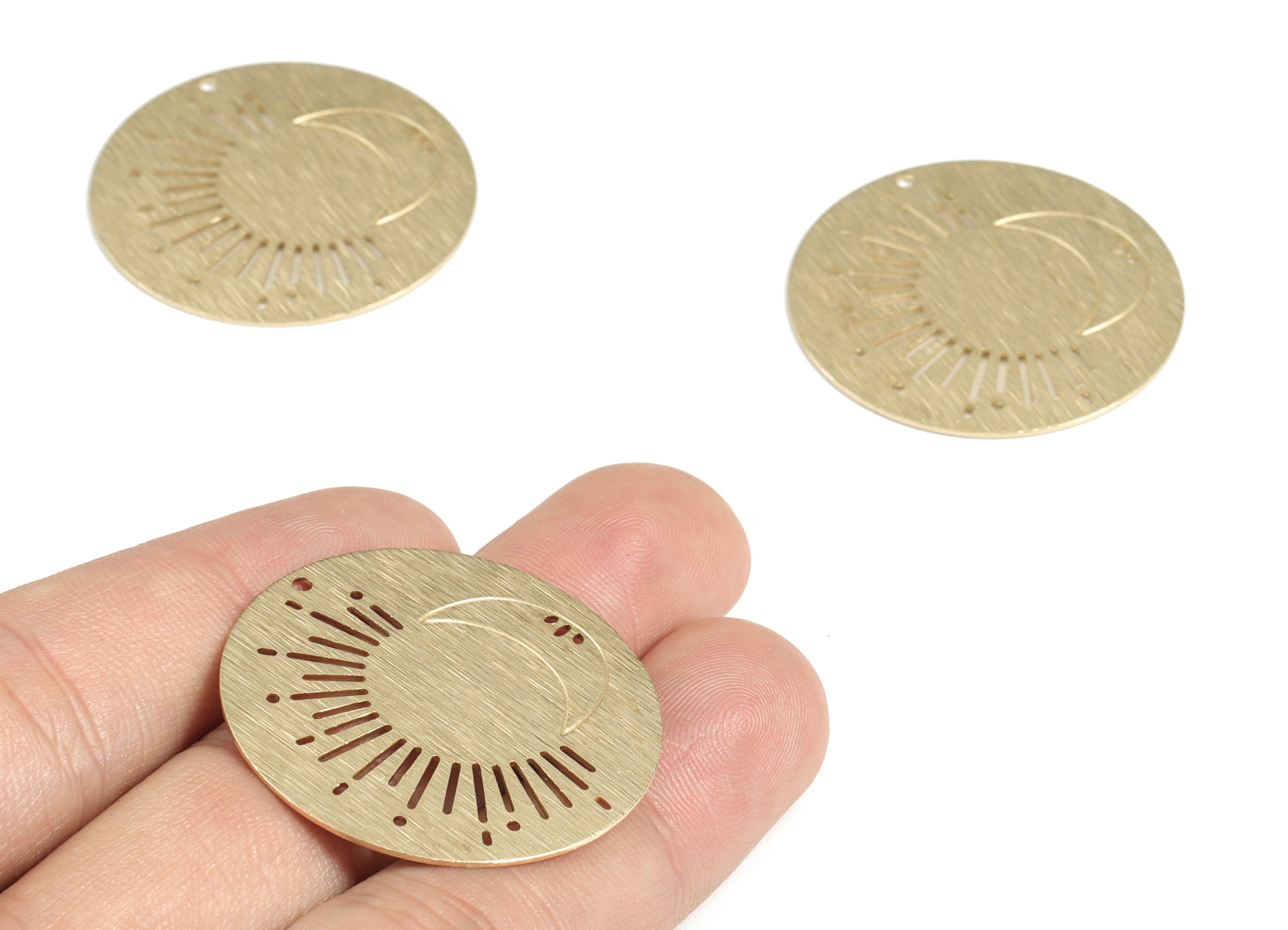 Brass Textured Round Sun Crescent Earring Charms - Raw Brass Circle Sun Moon Pendant - Jewelry Making Supplies - 33.77x33.77x0.82mm - PP3827 - DOMEDBAZAAR