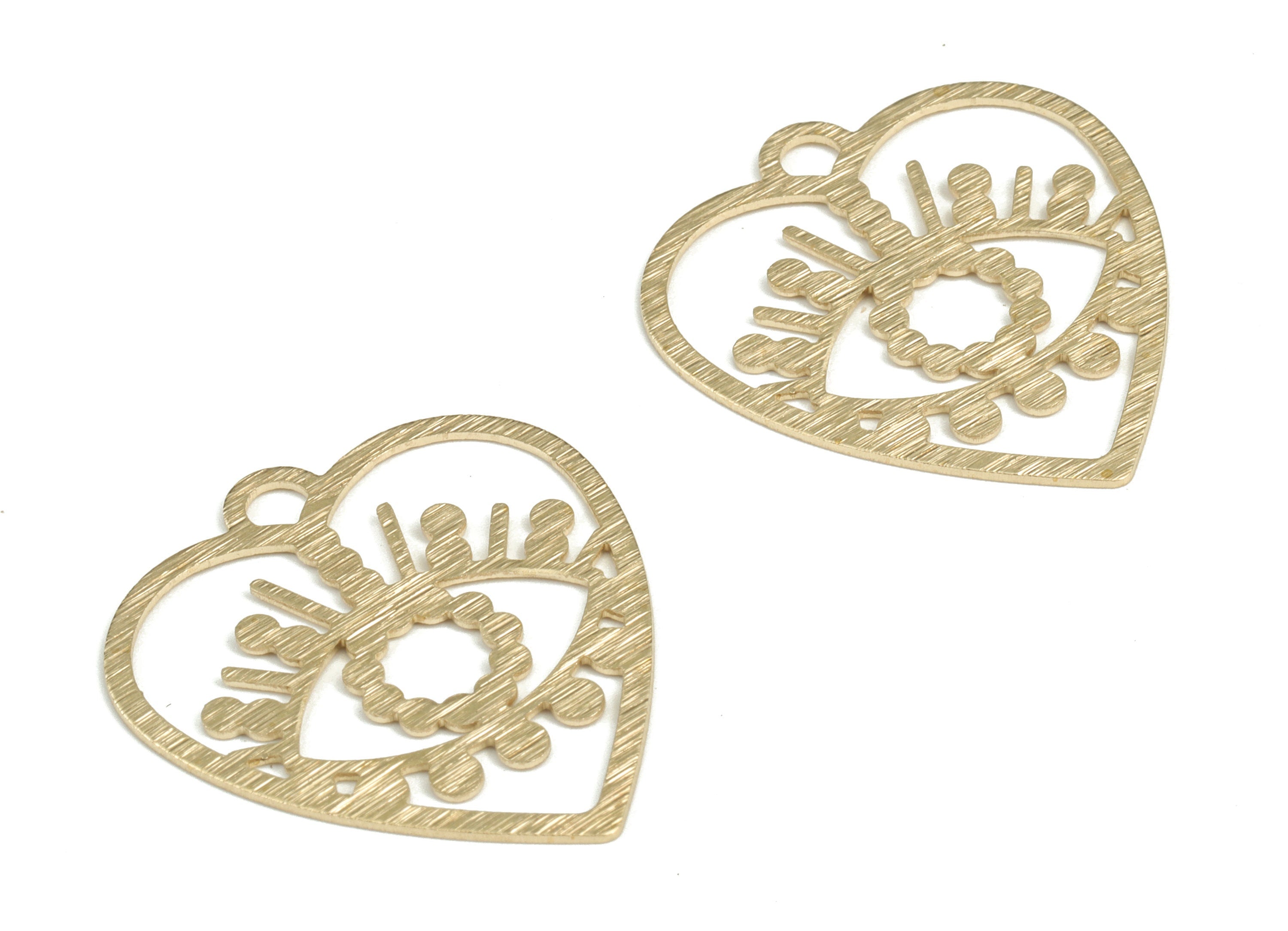 Brass Textured Heart Eye Earring Charms - Raw Brass Heart Pendant - Earring Finding - Jewelry Making Supplies - 29.78x27.18x0.63mm - PP3820 - DOMEDBAZAAR