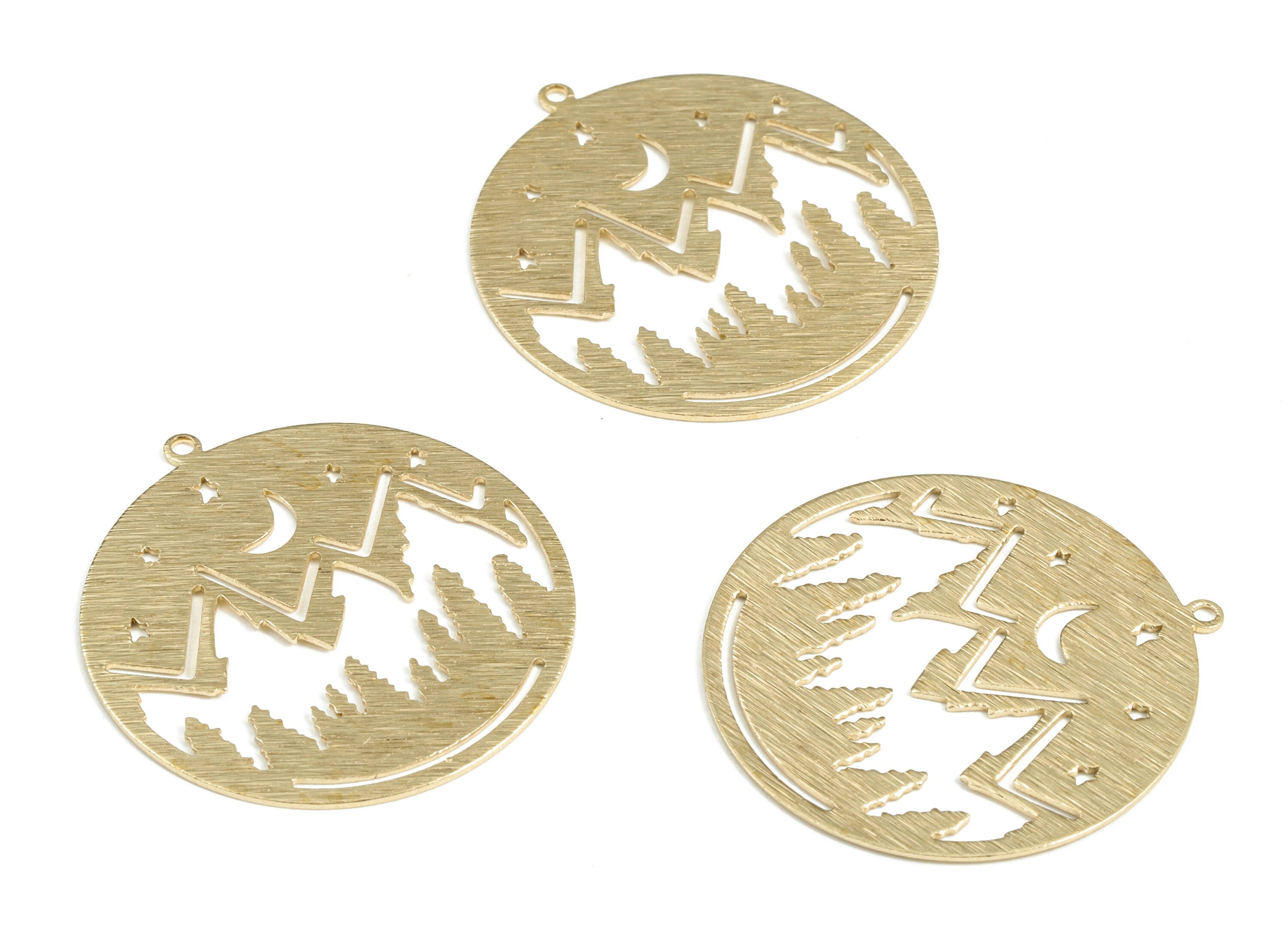 Brass Textured Mountain Moon Stars Earring Charms - Raw Brass Mountain Crescent Pendant - Landscape Circle Charms - 32.3x30.1x0.7mm - PP3810 - DOMEDBAZAAR