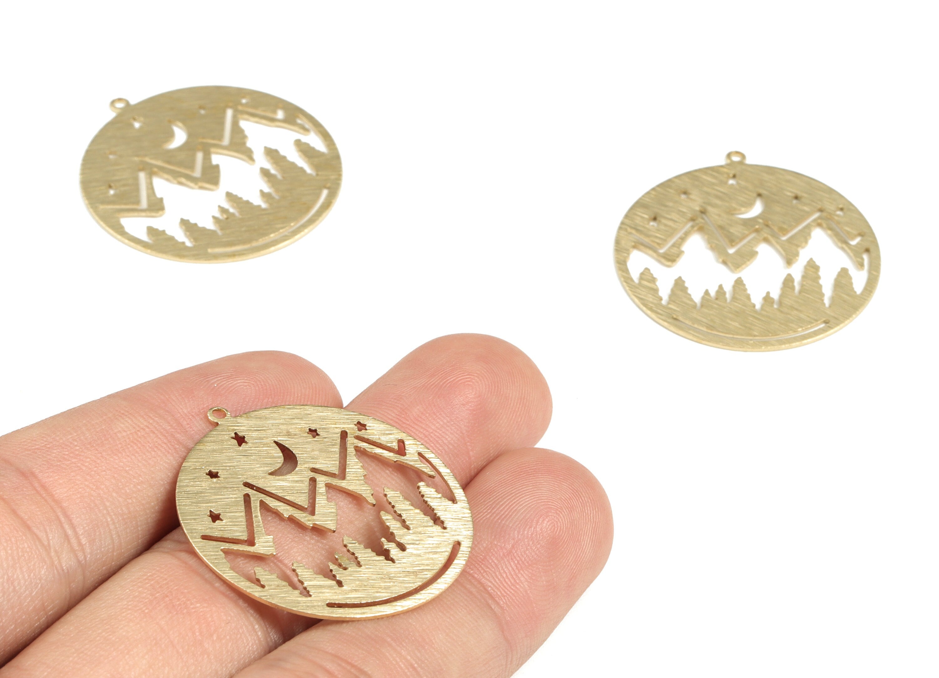 Brass Textured Mountain Moon Stars Earring Charms - Raw Brass Mountain Crescent Pendant - Landscape Circle Charms - 32.3x30.1x0.7mm - PP3810 - DOMEDBAZAAR