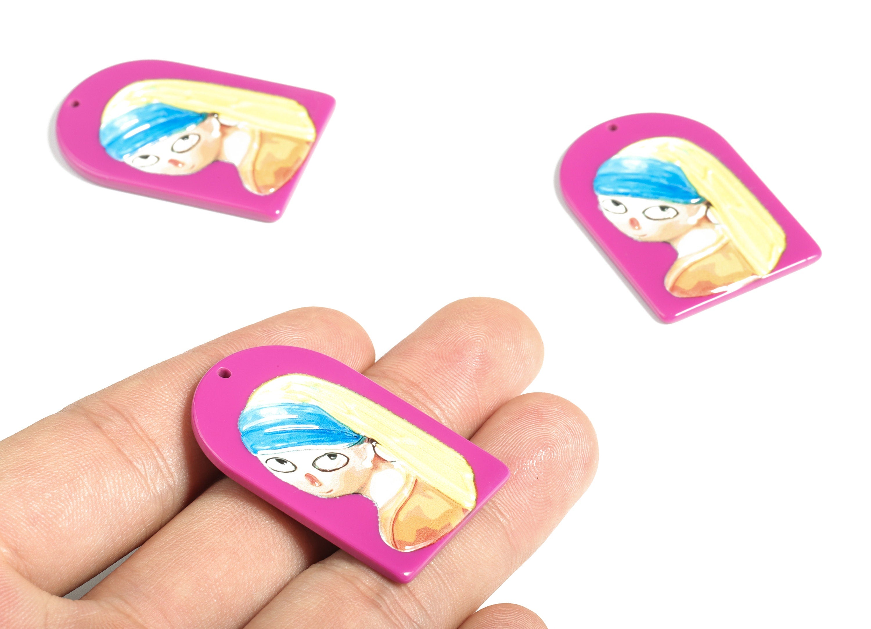 Acrylic D Girl with Long Hair Earring Charms - Acrylic Domed Earrings - Earring Findings - Jewelry Supplies - 39.68x27.14x2.53mm - AC2225 - DOMEDBAZAAR