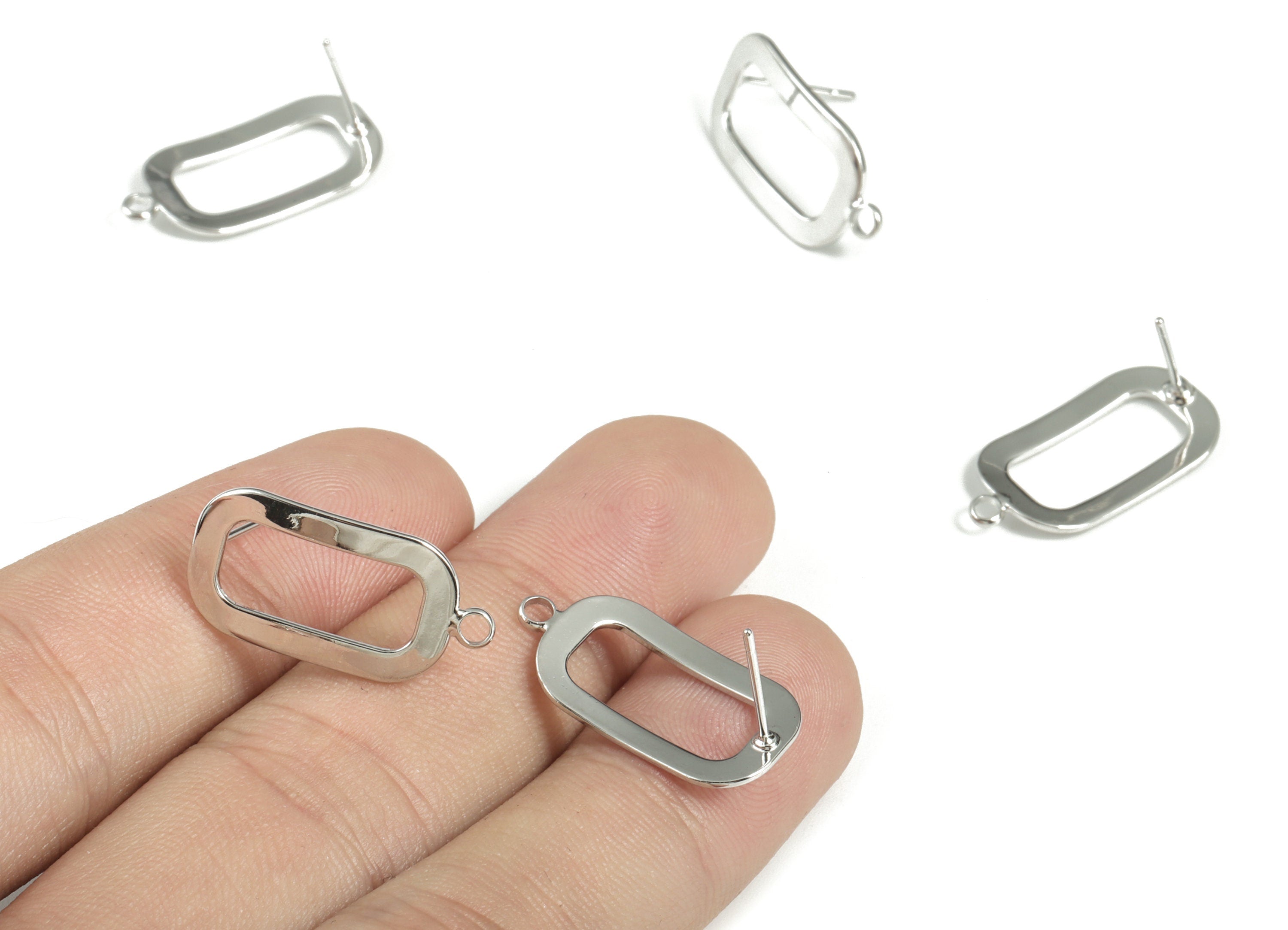 Silver Rectangle Earring Stud - 18K Real White Gold Plating Rectangle Post - 316 Surgical Stainless Steel - 22.62x11.39x0.98mm - RGP2920S - DOMEDBAZAAR