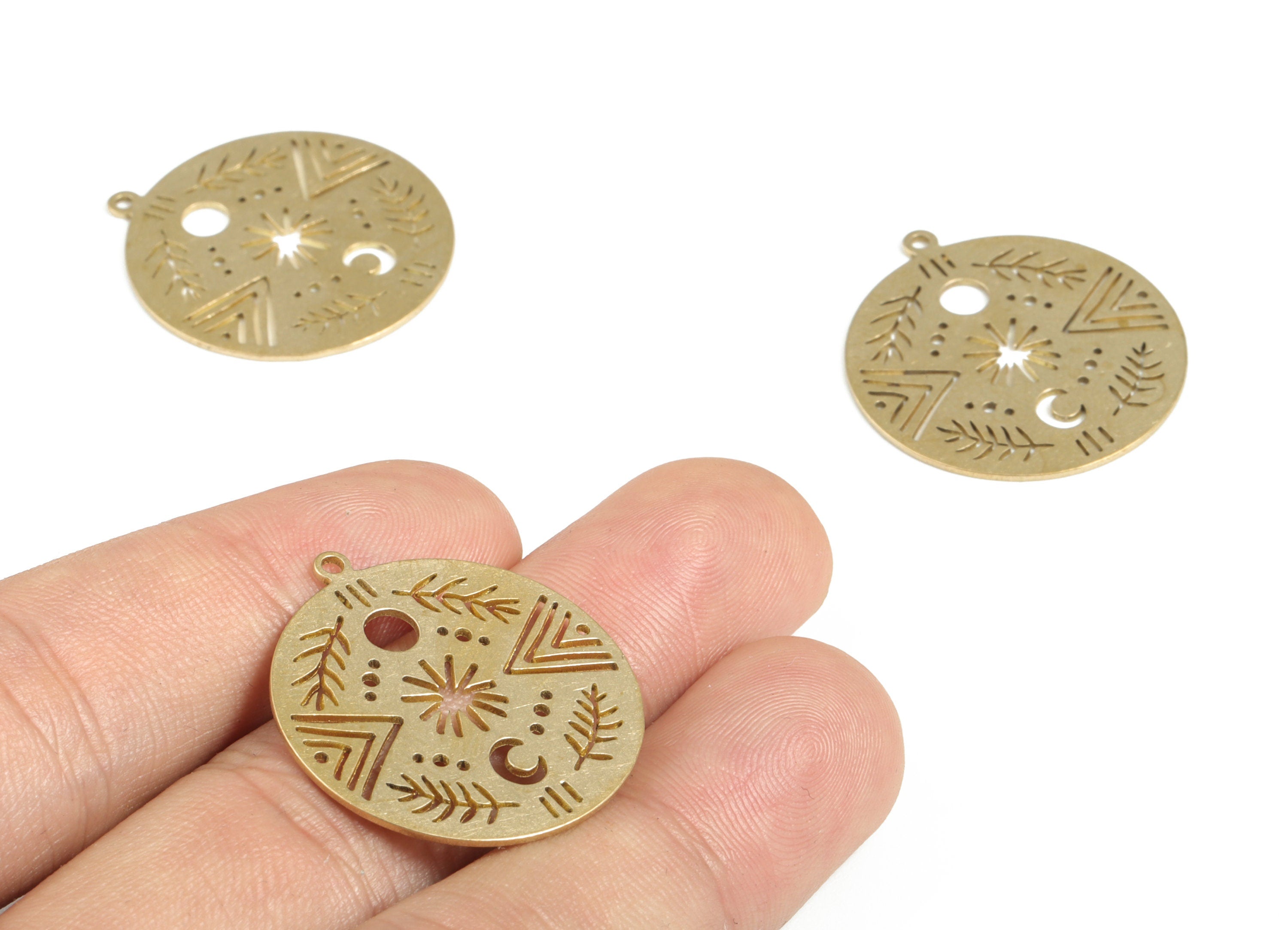 Brass Triangle Moon Tree Earring Charms - Raw Brass Triangle Round Pendant – Jewelry Making Supplies – 28.68x26x0.71mm - PP3776 - DOMEDBAZAAR