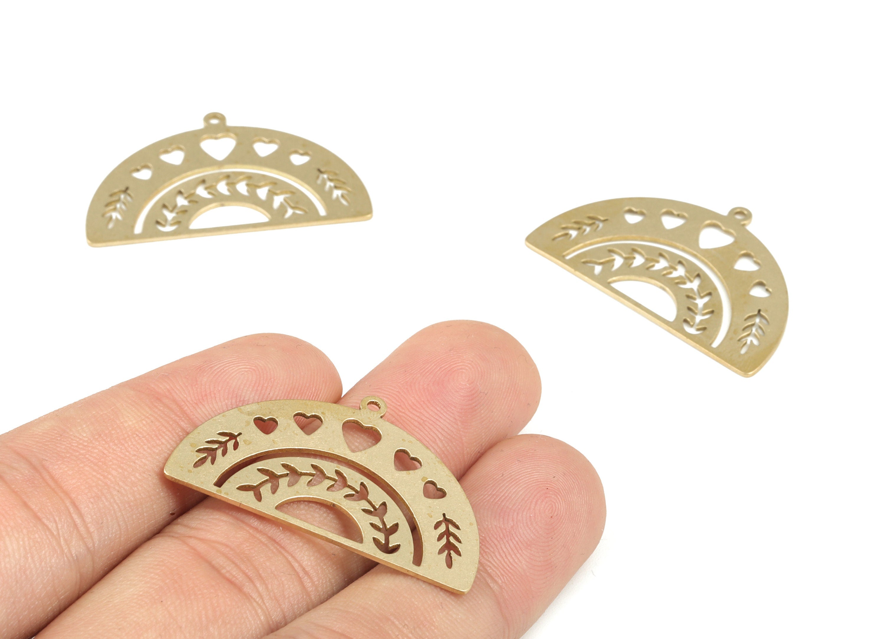 Brass Semicircle Hearts Earring Charms - Raw Brass Half Moon Pendant - Earring Findings - Jewelry Making Supplies – 34.98x21x0.75mm – PP3778 - DOMEDBAZAAR