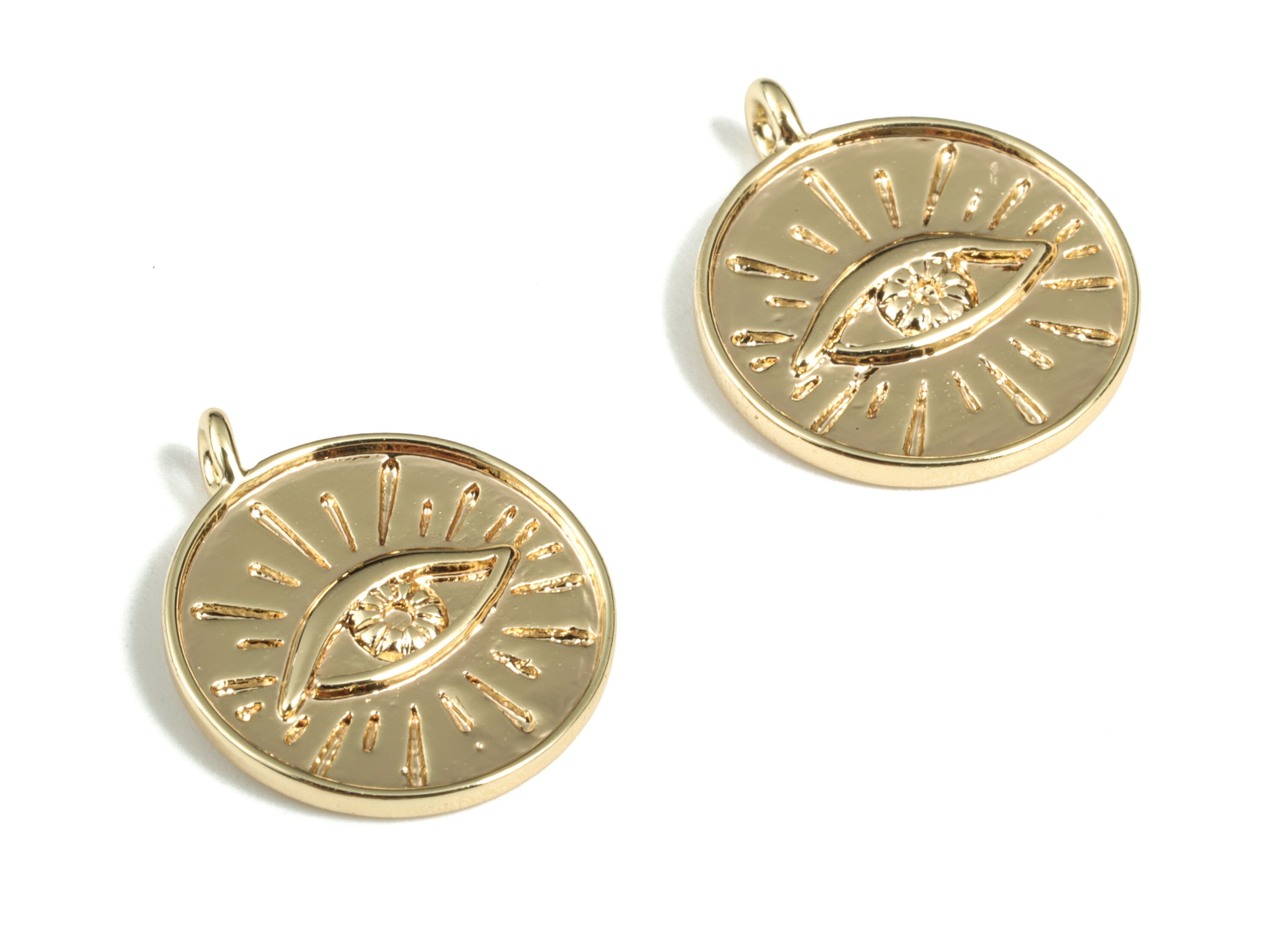 Brass Round Eye Earring Charms - Gold Sun Eye Pendant - 18K Real Gold Plated Brass - jewelry Making Supplies - 16.71x13.97x1.57mm - RGP2849 - DOMEDBAZAAR
