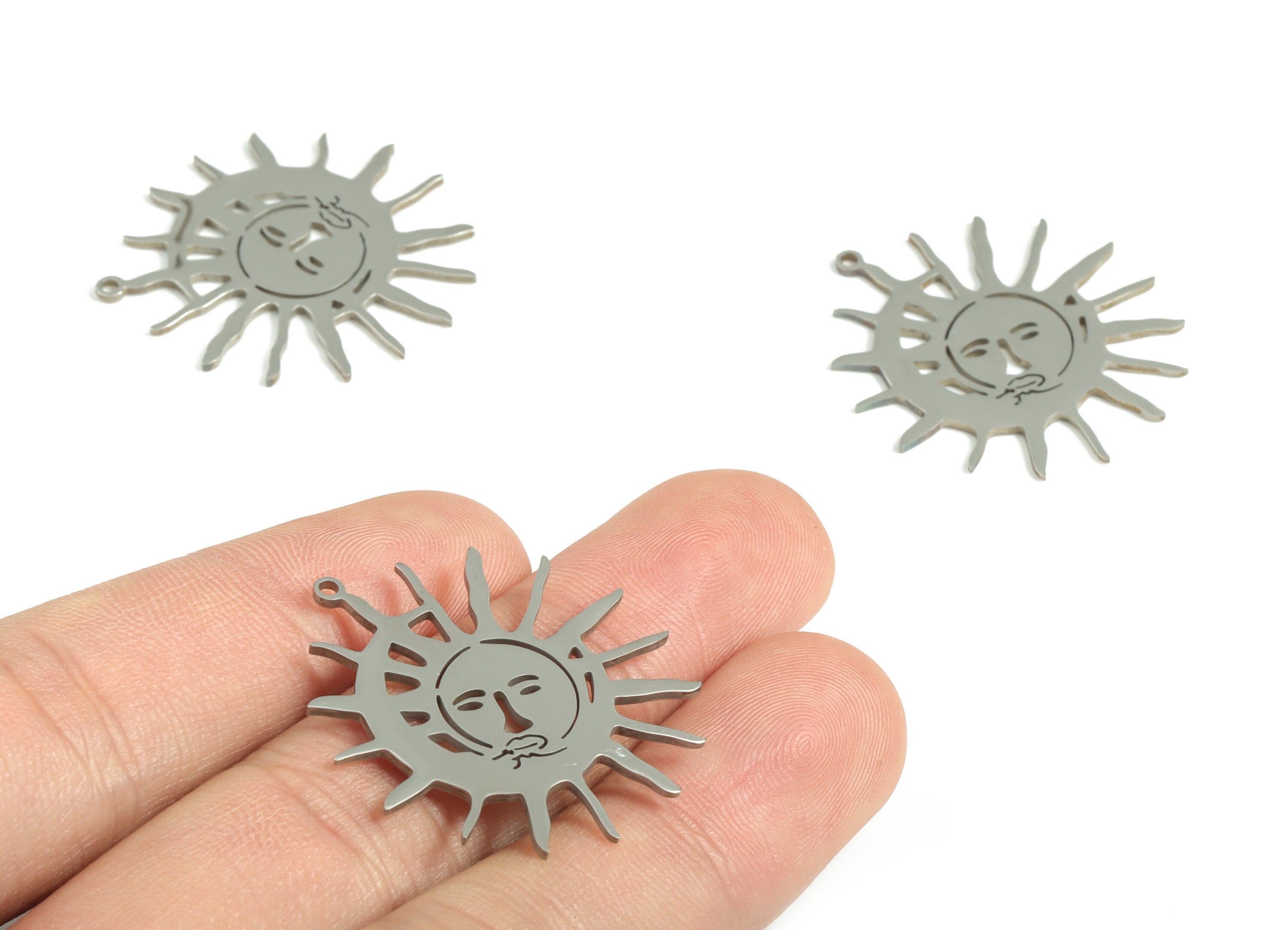 Stainless Steel Crescent Sun Faces Earring Charms - Stainless Steel Moon Sun Pendant - Jewelry Making Supplies - 32.05x29.83x1.06mm - SS1181 - DOMEDBAZAAR