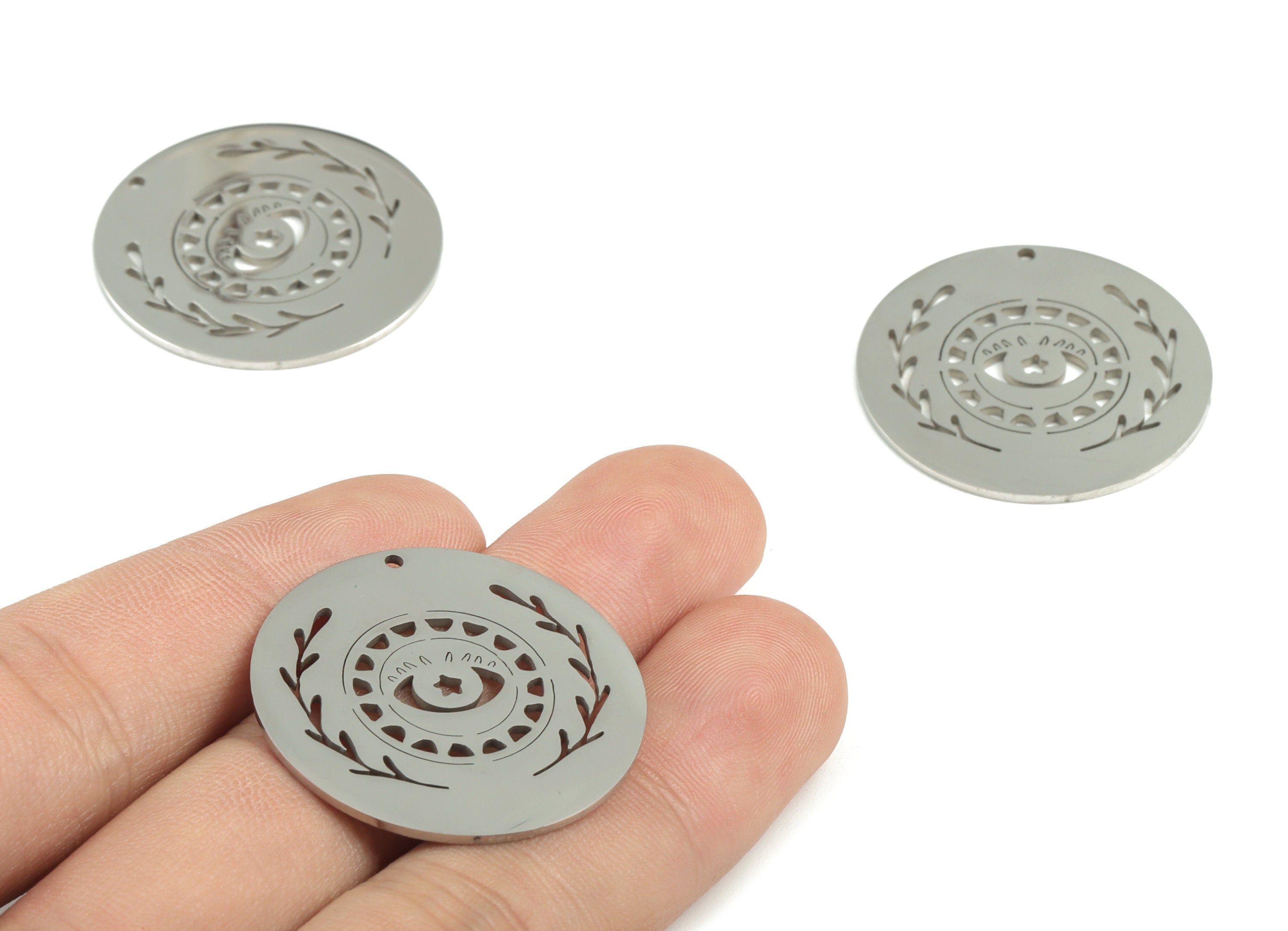 Stainless Steel Eye Branch Round Earring Charms - Stainless Steel Eyelash Circle Pendant - Jewelry Making Supplies - 30.7x30.7x1mm - SS1195 - DOMEDBAZAAR