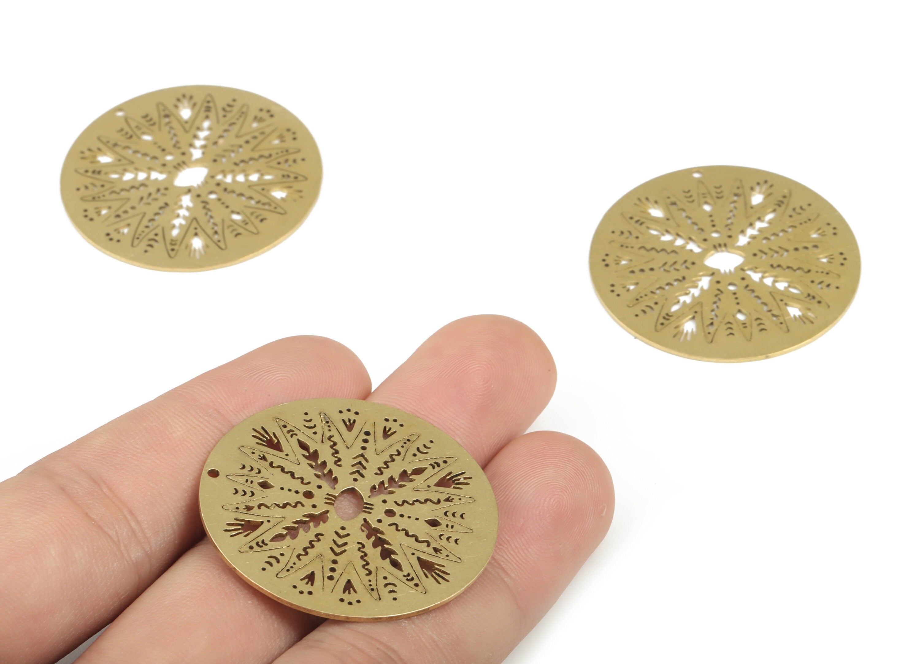 Brass Round Snowflake Earring Charms - Raw Brass Circle Snowflake Pendant - Jewelry Making Supplies - 34.97x34.97x0.9mm - PP3951 - DOMEDBAZAAR