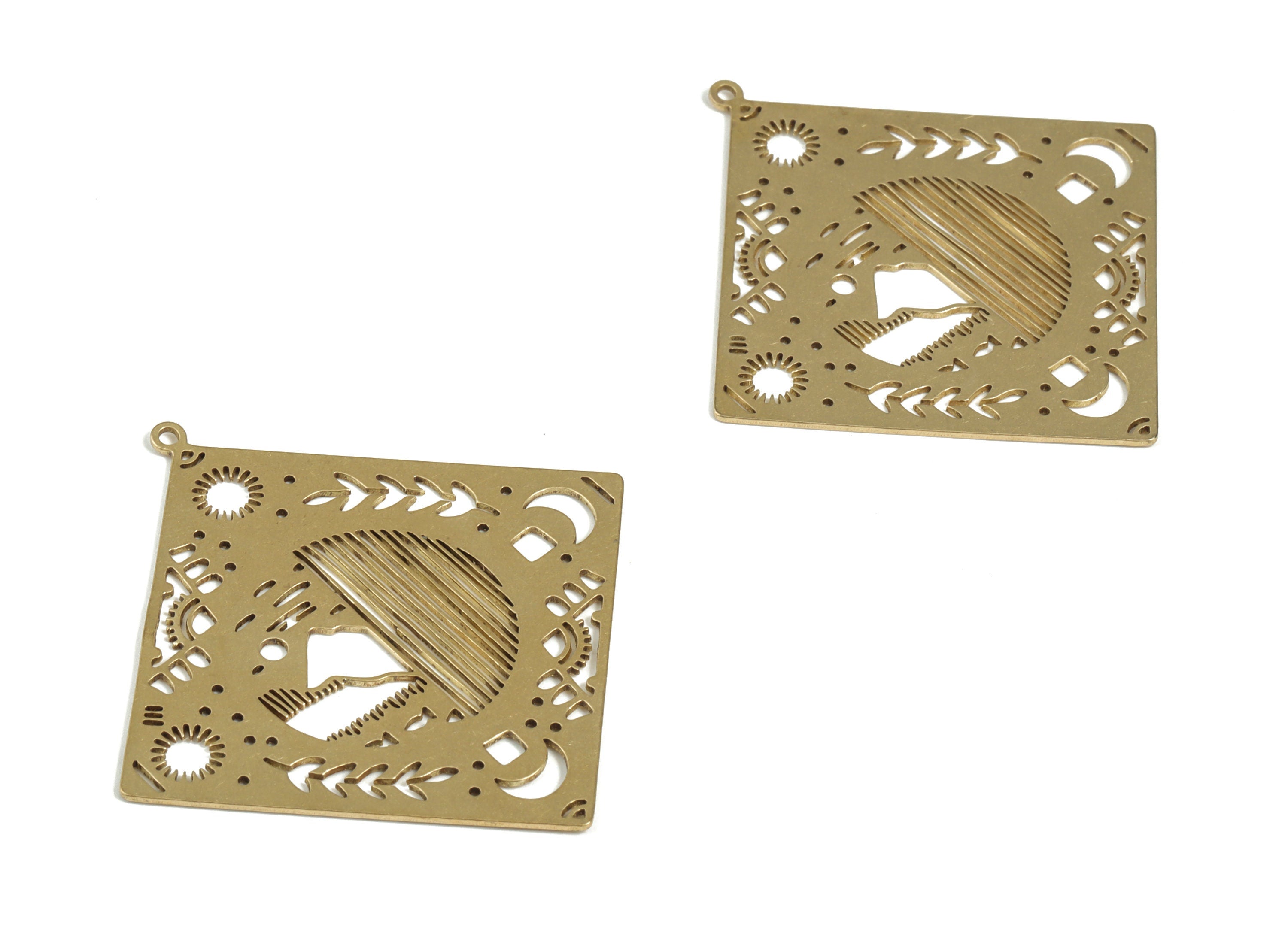 Brass Square Sun Moon Earring Charms - Raw Brass Square Branch Pendant - Jewelry Making Supplies - 52.71x50.18x0.74mm - PP3952 - DOMEDBAZAAR
