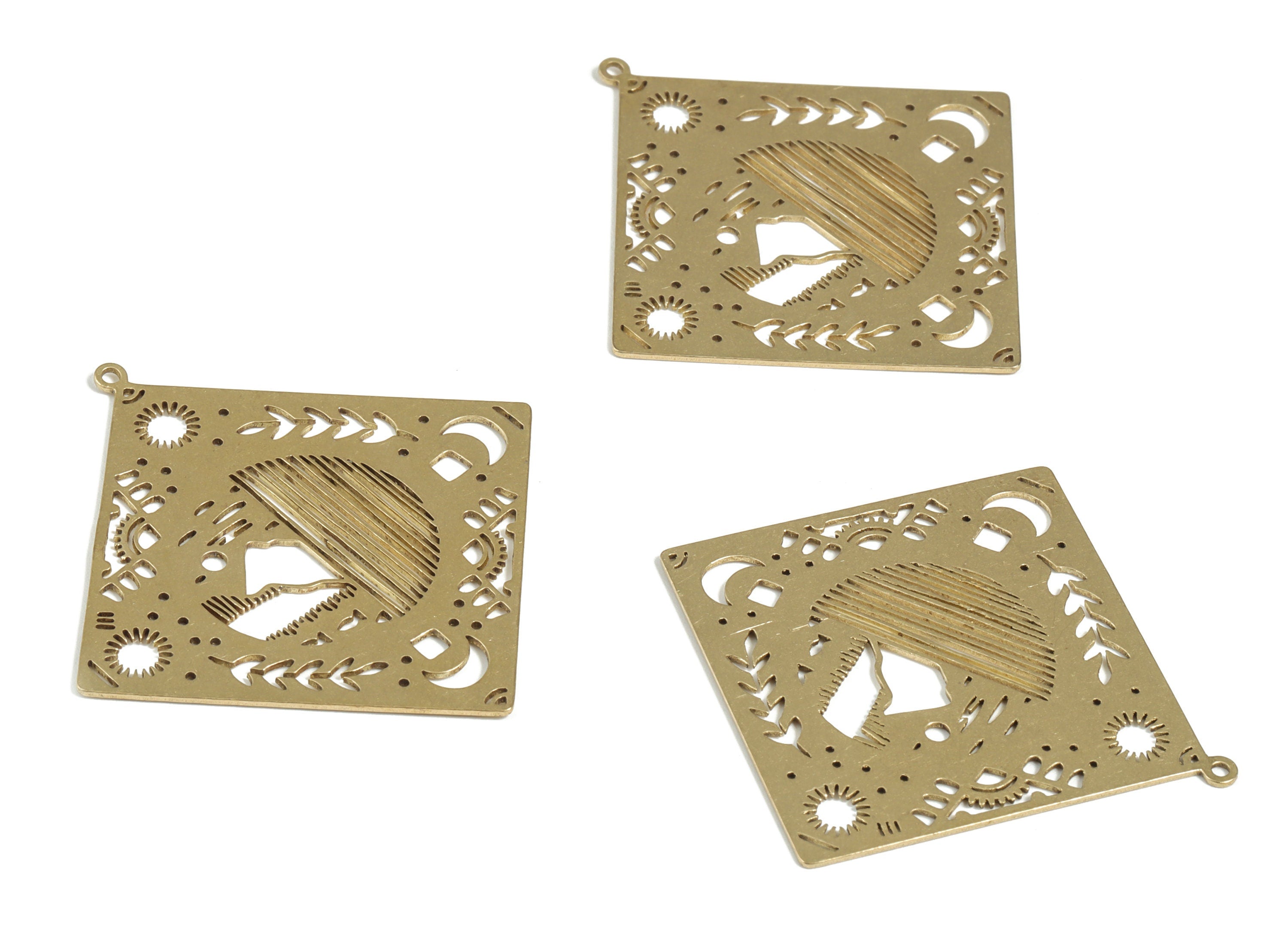 Brass Square Sun Moon Earring Charms - Raw Brass Square Branch Pendant - Jewelry Making Supplies - 52.71x50.18x0.74mm - PP3952 - DOMEDBAZAAR