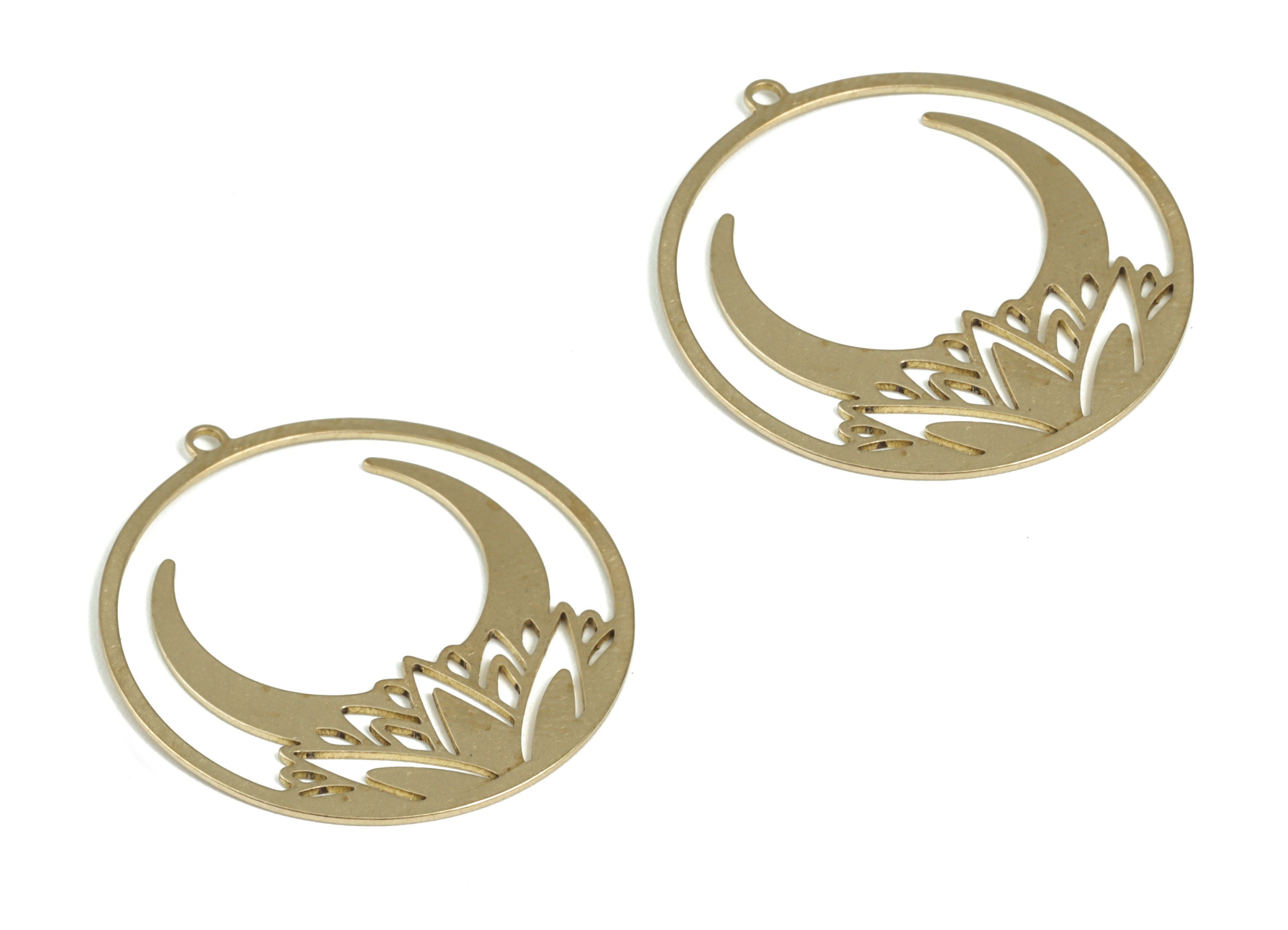 Brass Crescent Round Earring Charms - Raw Brass Moon Flower Circle Pendant - Jewelry Making Supplies - 31.61x29.85x0.60mm - PP3949 - DOMEDBAZAAR