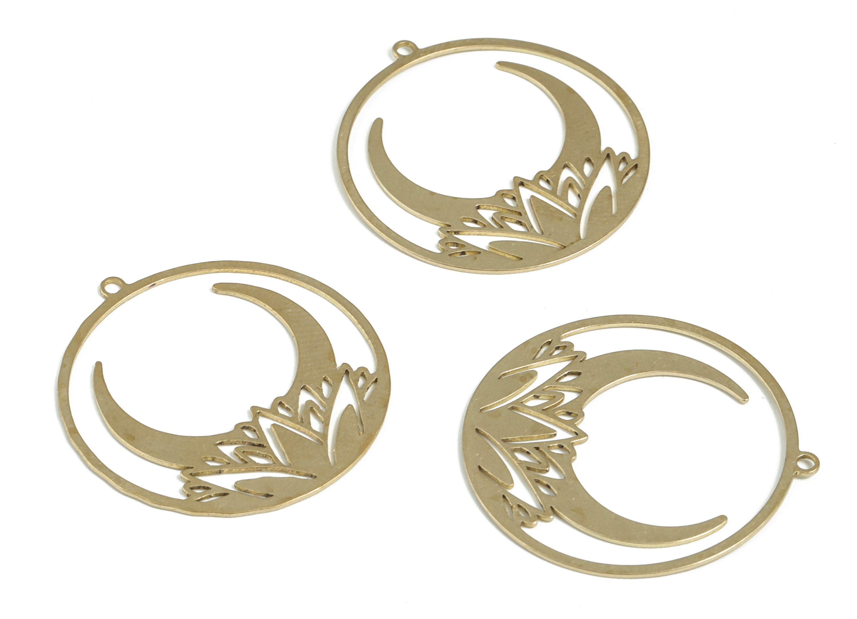 Brass Crescent Round Earring Charms - Raw Brass Moon Flower Circle Pendant - Jewelry Making Supplies - 31.61x29.85x0.60mm - PP3949 - DOMEDBAZAAR