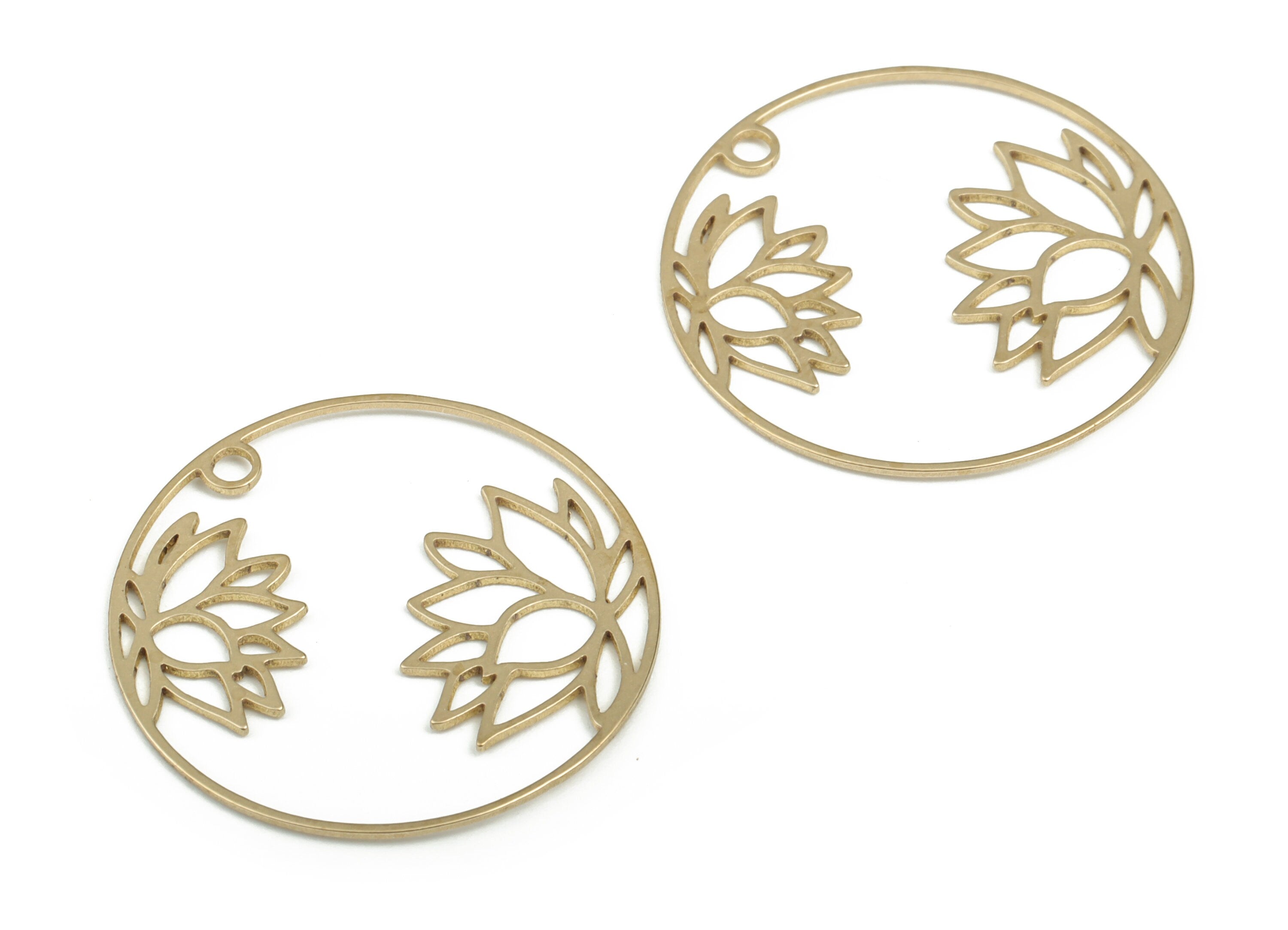 Raw Brass Round Lotus Flower Charm –Flower Earring Charm – Circle Flower Pendant Charm - Jewelry Making Supplies 26.4×26.4×0.61mm - PP3929 - DOMEDBAZAAR