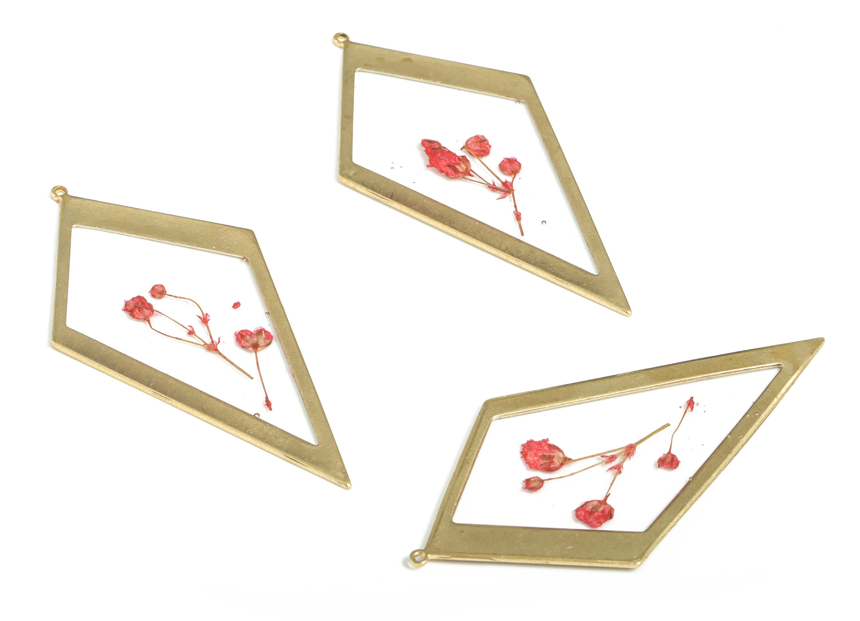 Resin Diamond Earring Charms - Resin Real Flower Pendant - Raw Brass Charms - DIY Jewelry Making Supplies - 51.56x25.92x1.35mm - RC1155 - DOMEDBAZAAR