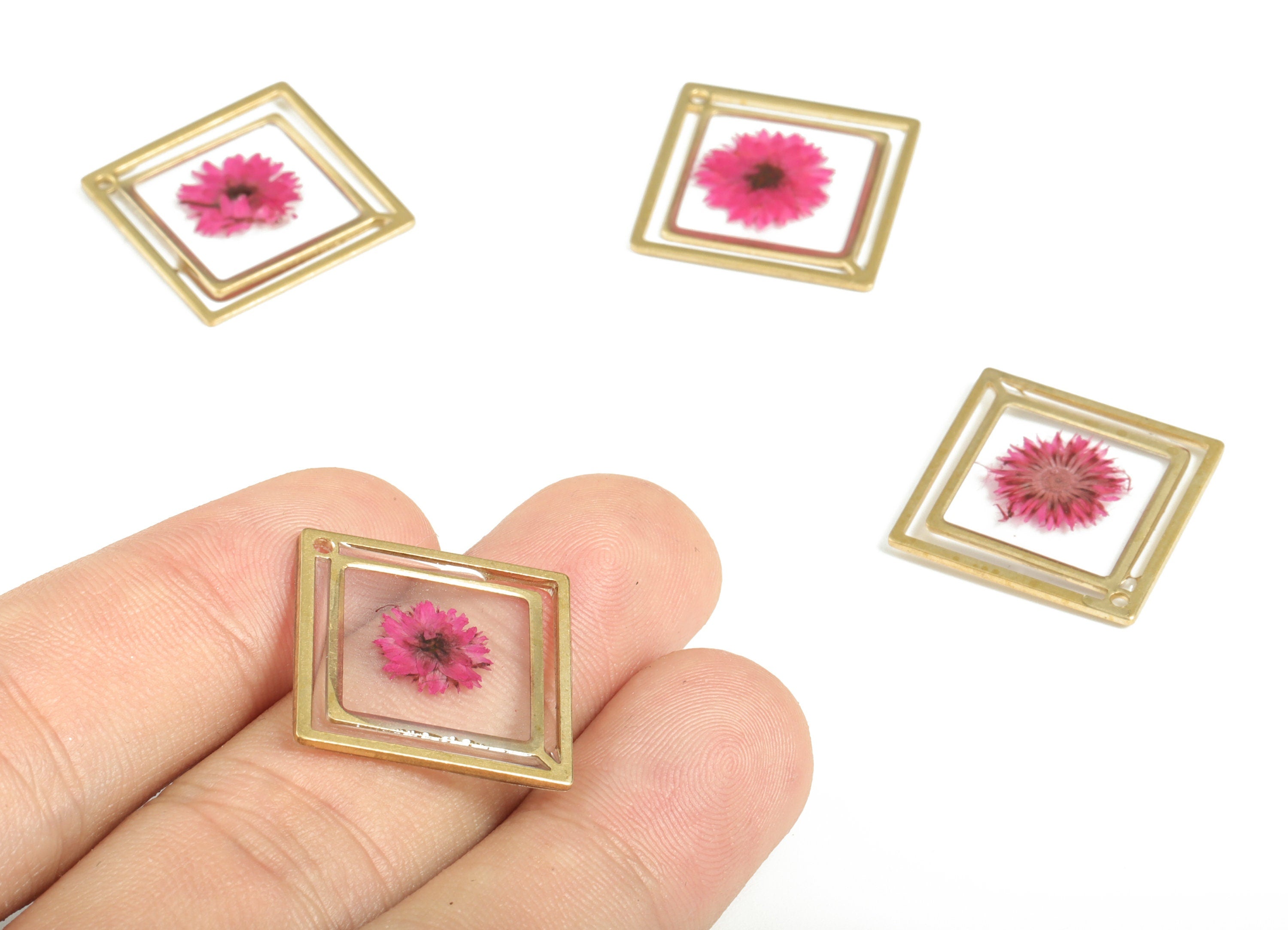 Resin Square Earring Charms - Resin Real Flower Pendant – Pink Flower Resin Pendant - Raw Brass Jewelry Charms - 28.5x28.45x2.07mm - RC1151 - DOMEDBAZAAR