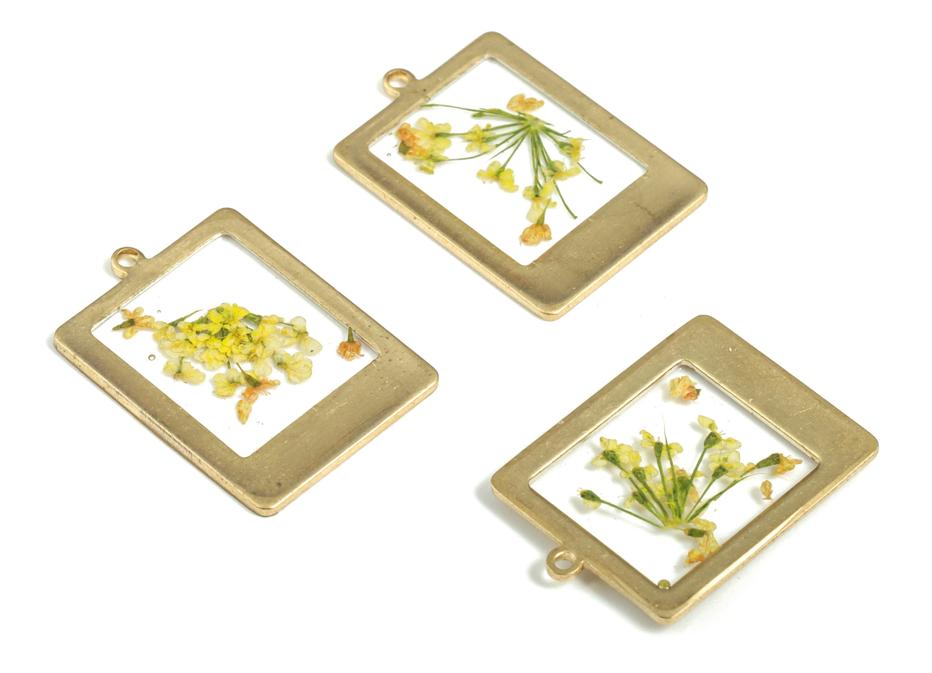 Brass Square Earring Charms - Resin Real Flower Pendant – Yellow Flowers Resin Charm - Jewelry Making Supplies - 19.92x14.23x1.33mm - RC1162 - DOMEDBAZAAR