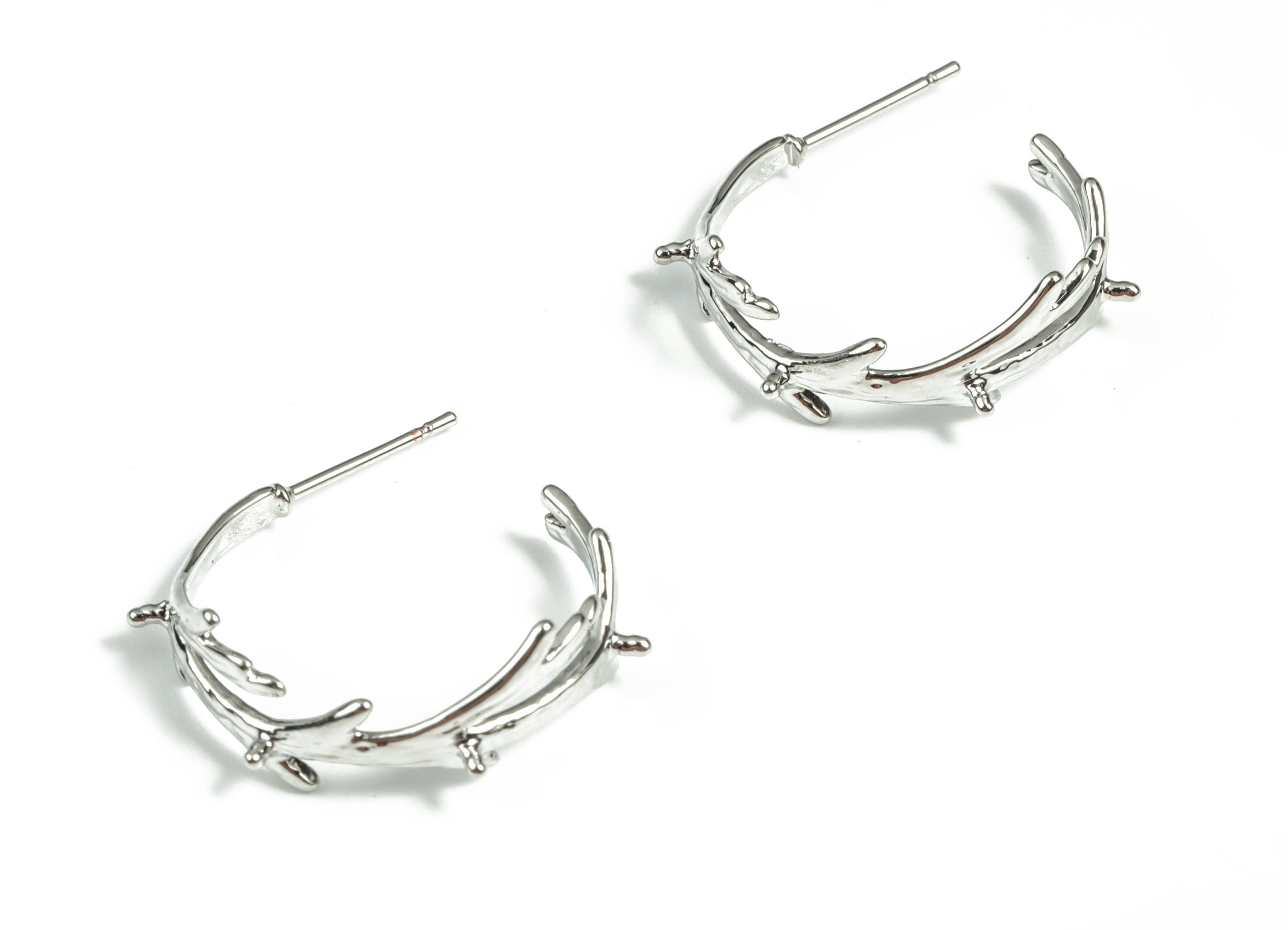 Silver C Branch Earring Stud - 18K Real White Gold Plating C Branch Earring Post - 316 Surgical Stainless Stell - 25.35x19.38x1mm - RGP2936 - DOMEDBAZAAR