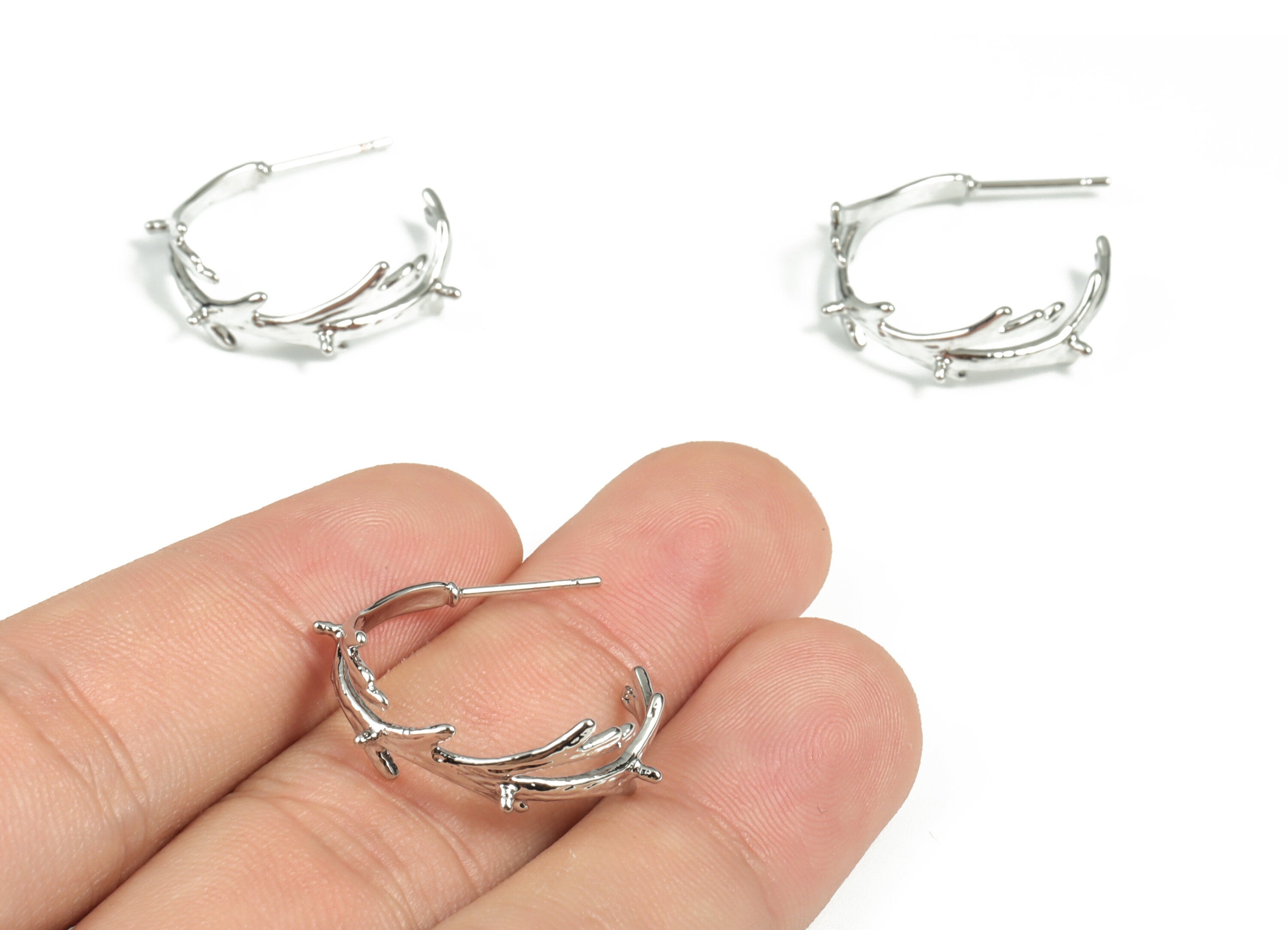 Silver C Branch Earring Stud - 18K Real White Gold Plating C Branch Earring Post - 316 Surgical Stainless Stell - 25.35x19.38x1mm - RGP2936 - DOMEDBAZAAR